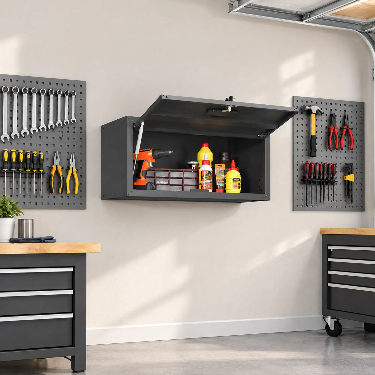 VIYET Wall Mounted Garage Cabinet, Lockable Metal Tool Storage Cabinet with Lift-Up Door, 120 Lbs Capacity, Steel Workshop Organizer