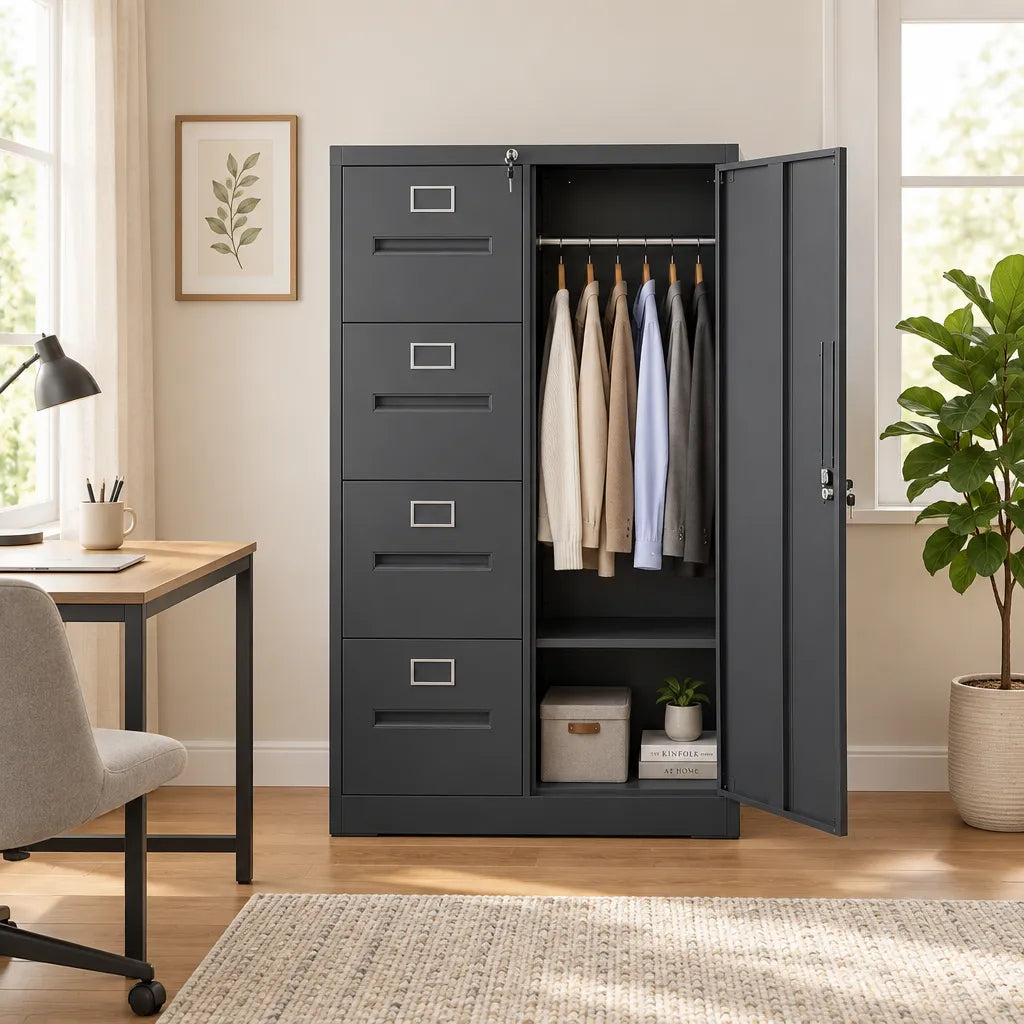 VIYET Metal Vertical File Cabinet with Lock, 4 Drawer Steel Filing Cabinet with Storage Door for Letter/Legal Files, Home Office, School, Black