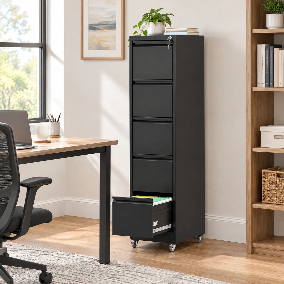 VIYET 5-Drawer Mobile File Cabinet with Lock, 64" Tall Vertical Metal Filing Cabinet with Wheels for Home Office, Legal & Letter Size
