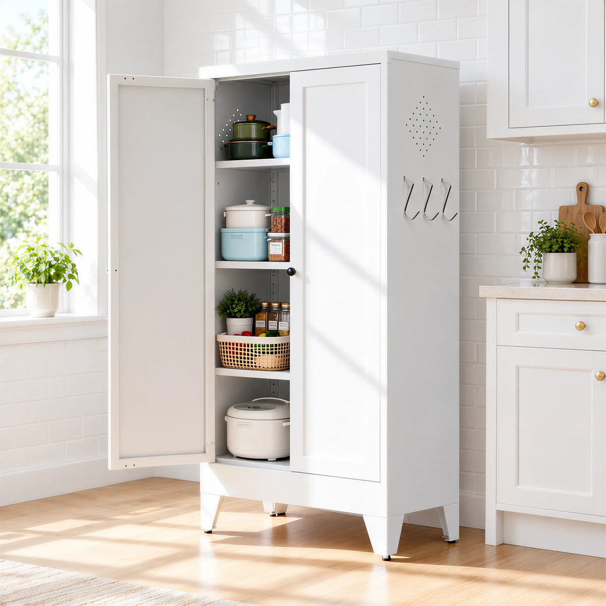 VIYET 47" Metal Pantry Cabinet, Freestanding Kitchen Storage Cabinet with 3 Adjustable Shelves, Slim Organizer for Pantry & Living Room