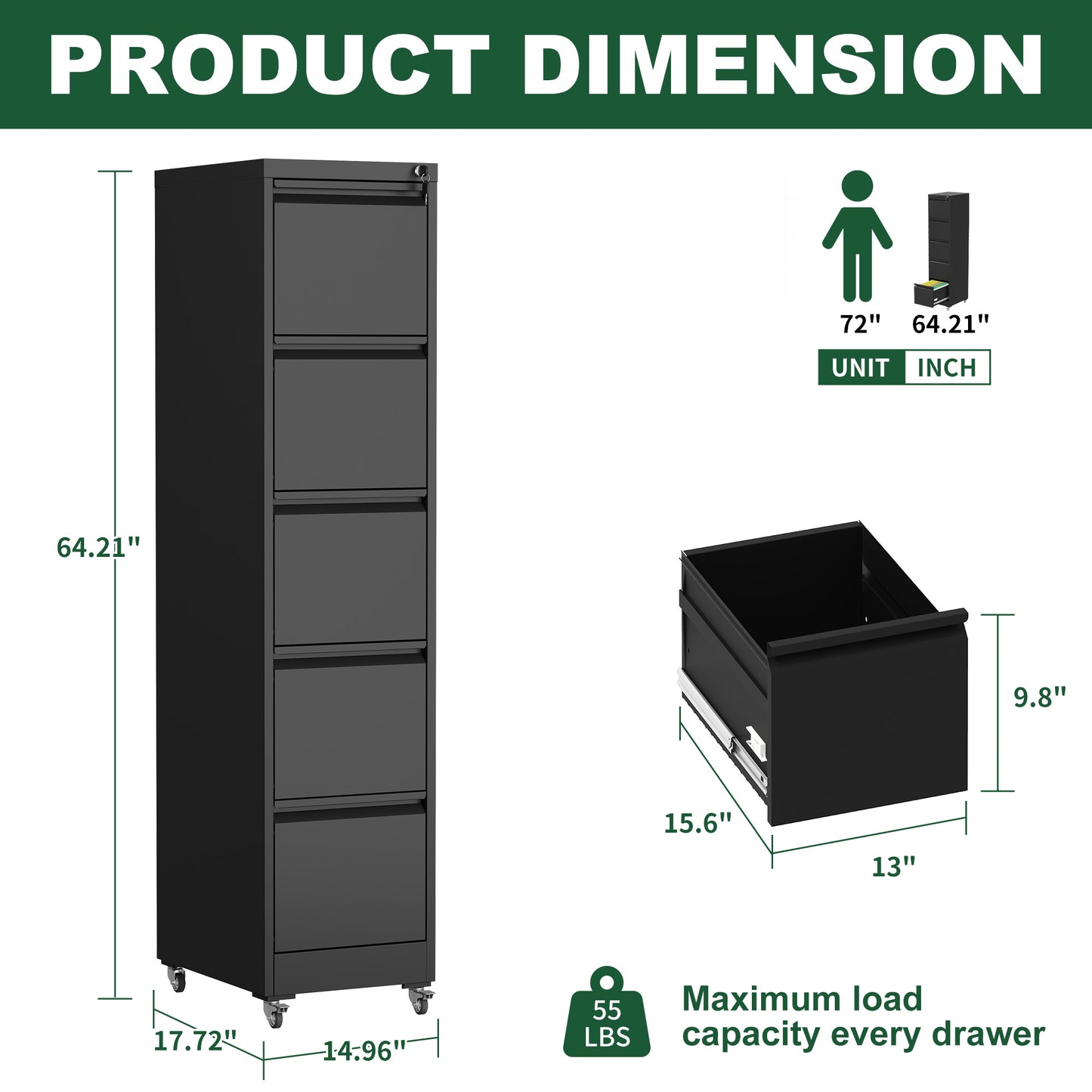 VIYET 64"H 5-Drawer Metal Vertical File Cabinet with Lock & Wheels,Heavy-Duty Storage for Home Office, Fits A4/Letter/Legal (Assembly Required)