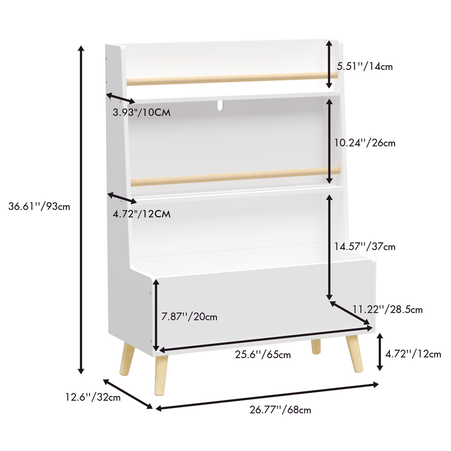 VIYET 37" Kids Bookshelf & Toy Organizer - White MDF+Pine Legs, 2 Shelves, Storage Bin, Anti-Tipping