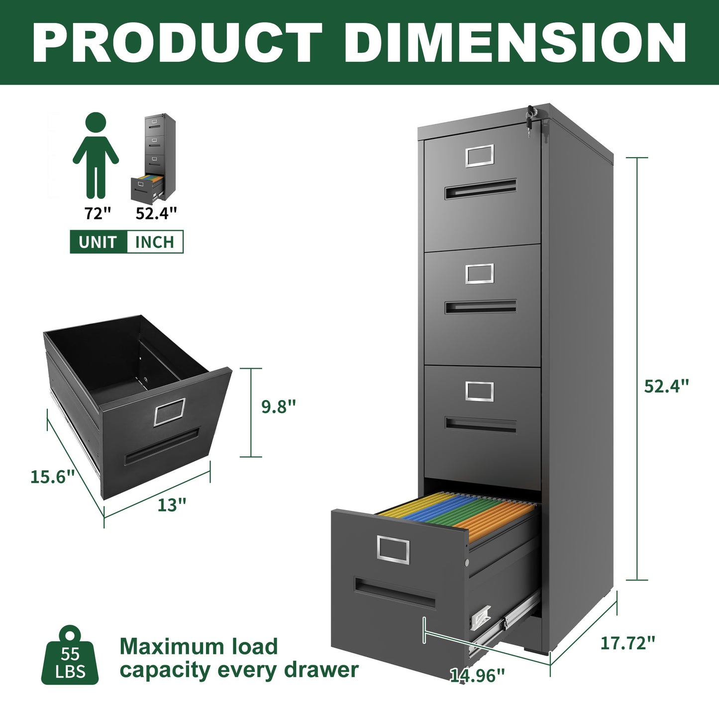 VIYET 52"H 4-Drawer Narrow Metal Vertical File Cabinet with Lock, Black, Fits A4/Letter/Legal, Home Office Steel Filing Cabinet