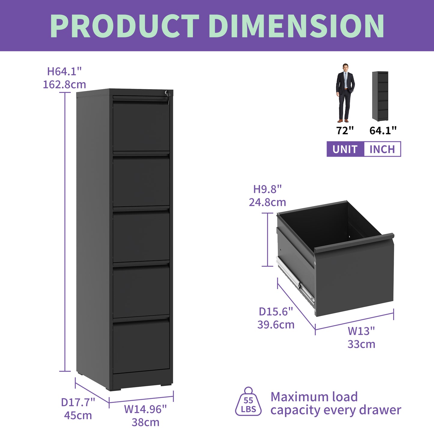 VIYET 64" Black 5-Drawer Vertical Metal File Cabinet with Lock, Tall Locking Filing Cabinet, Fits Letter Legal & A4 Files