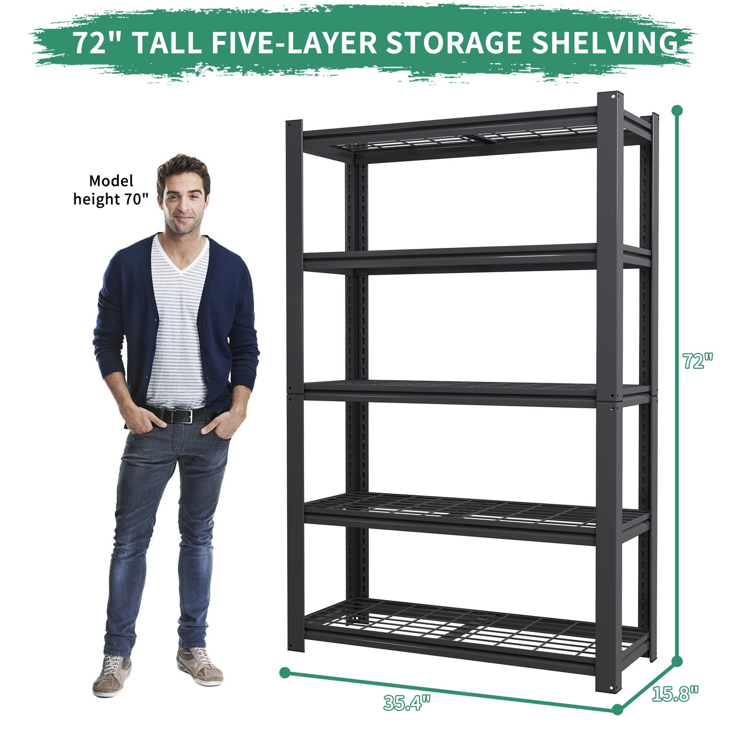 VIYET 72"H 5-Tier Heavy-Duty Metal Mesh Storage Rack - 2000 Lbs Total Capacity, Adjustable Steel Shelving Organizer for Garage/Pantry/Kitchen/Office - 35.43"W×15.75"D