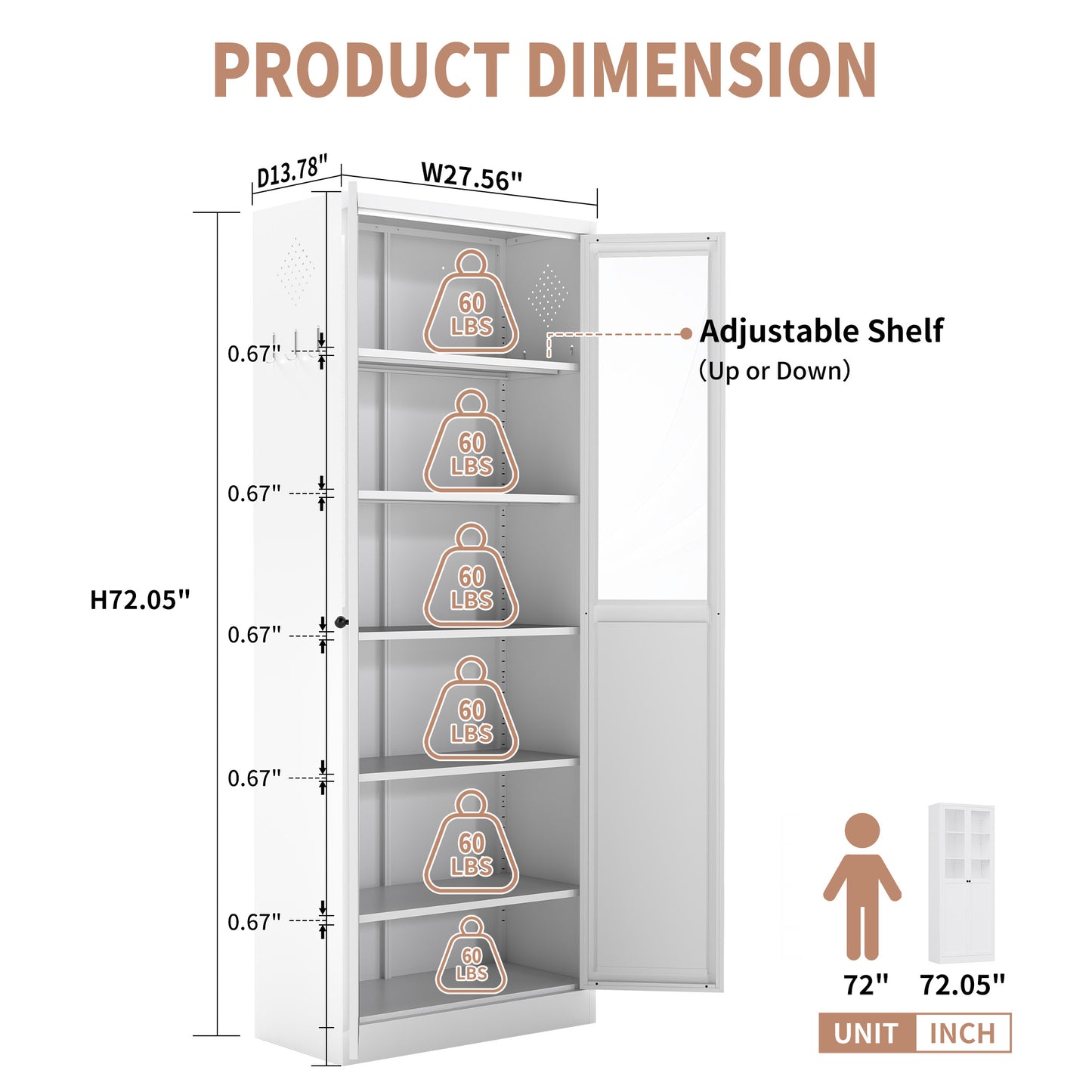 VIYET 72" Glass Door Metal Pantry Cabinet, White Kitchen Storage Cabinet with 5 Adjustable Shelves, Freestanding Display Cabinet