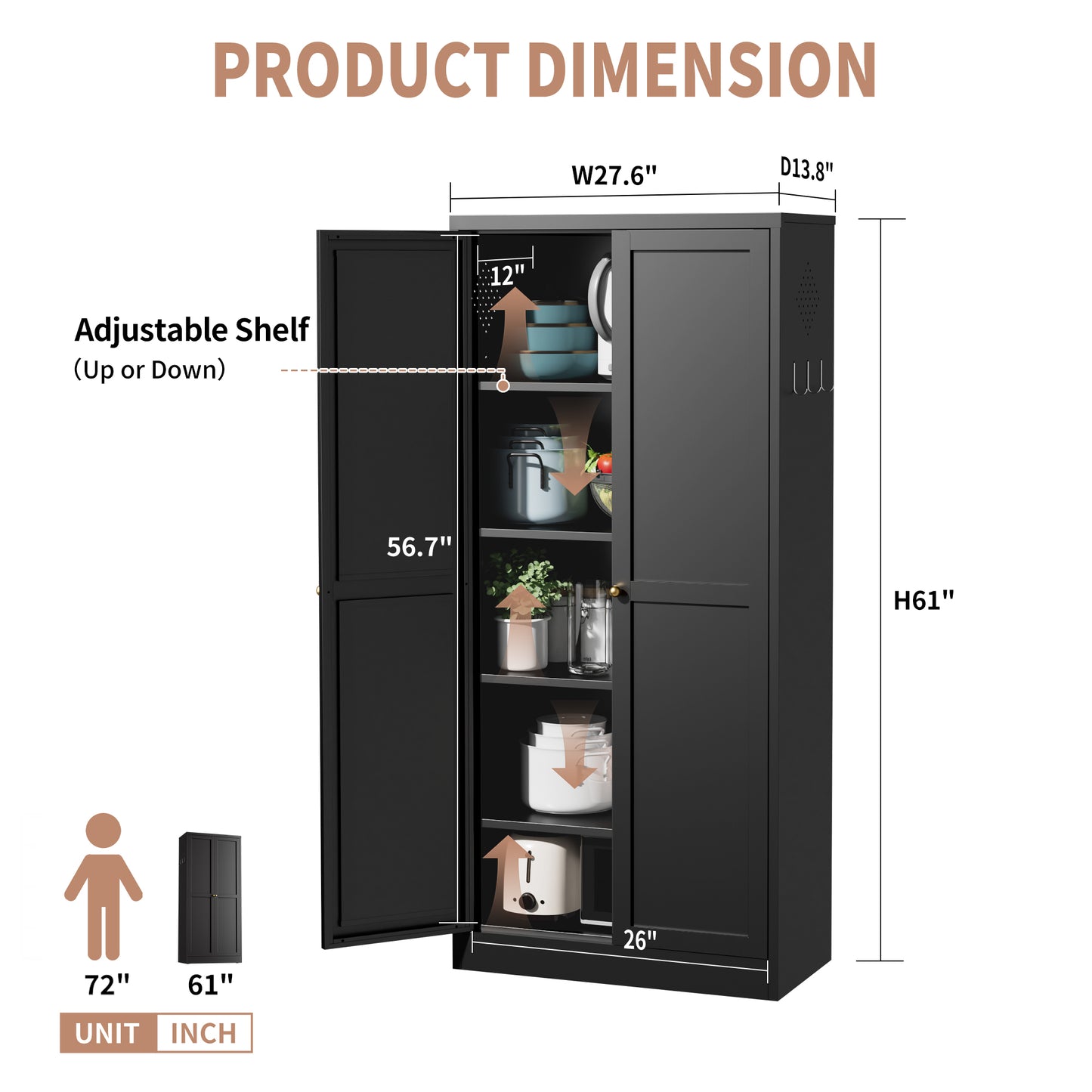 VIYET 61" Black Metal Kitchen Pantry Cabinet, 4 Adjustable Shelves 110lb Capacity, Heavy Duty Freestanding Organizer