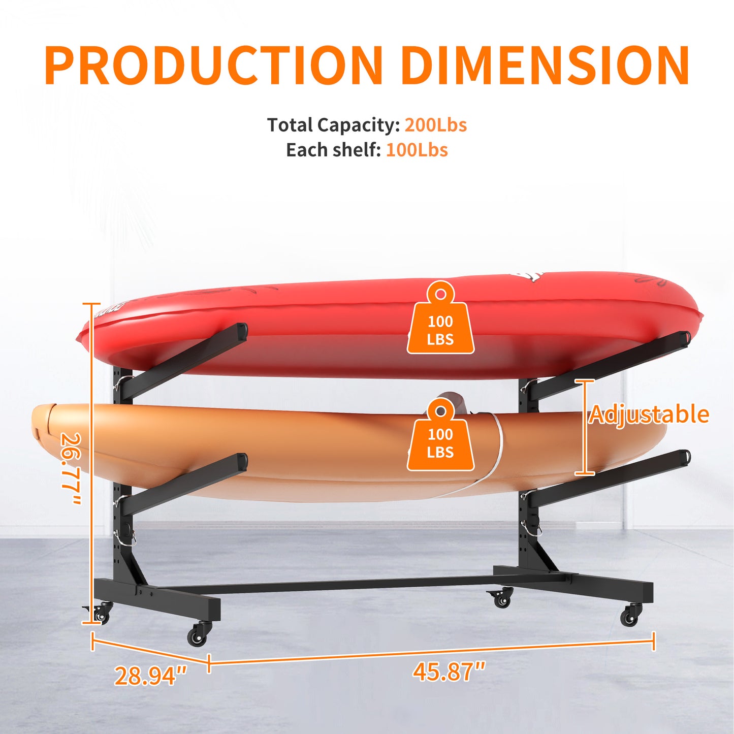 VIYET 27"H Freestanding Kayak Storage Rack, Heavy-Duty Adjustable Stand with Lockable Wheels, Holds 2 Kayaks/Canoe/SUP/Surfboard (Black)