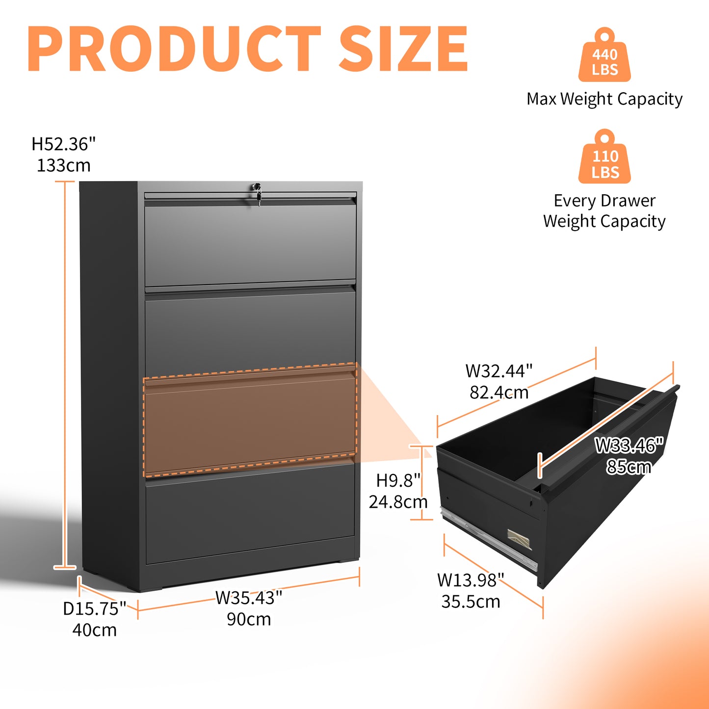 VIYET 4-Drawer Locking Lateral File Cabinet, Heavy-Duty Metal Office Storage with Full-Extension Drawers, Fits Letter, Legal & A4 Files