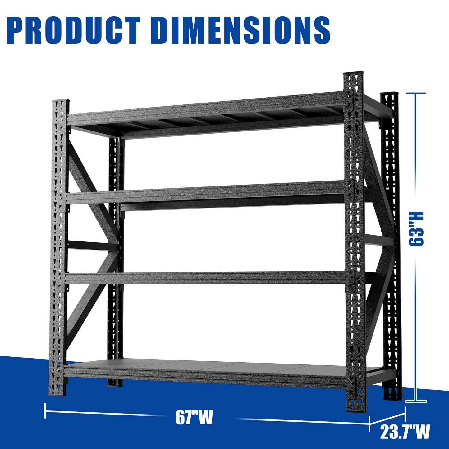 VIYET 4-Shelf Heavy Duty Metal Garage Shelving, 5000 LBS Capacity Adjustable Industrial Storage Unit, 63"H×67"W×23.7", Open Rack for Warehouse Gym, Black