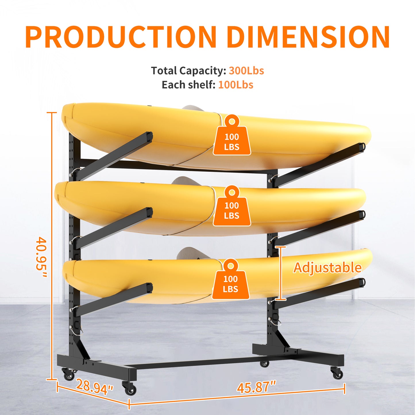 VIYET 41"H Freestanding Kayak Storage Rack, Heavy-Duty Adjustable Stand with Lockable Wheels, Holds 3 Kayaks/Canoe/SUP/Surfboard (Black)