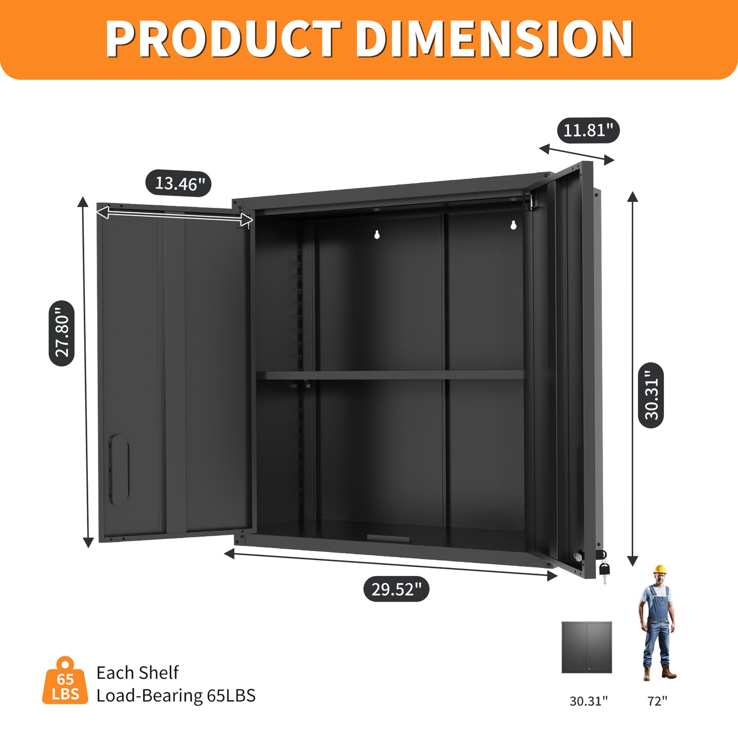 VIYET 30" Wall-Mounted Metal Tool Storage Cabinet - Heavy-Duty Steel Garage Cabinet with 2 Locking Doors & 1 Open Drawer, Space-Saving Black
