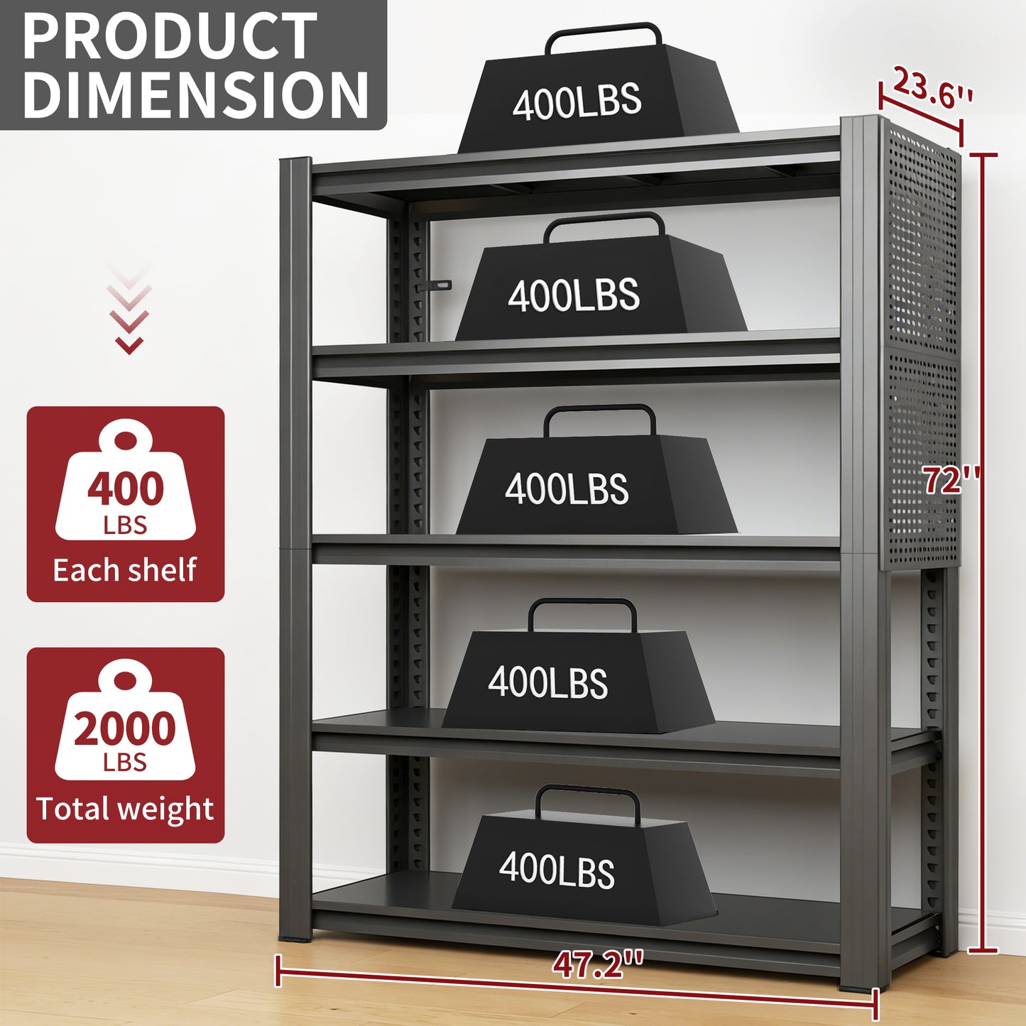 VIYET 72"H 5-Tier Adjustable Metal Shelving with Pegboard, 2000LBS Heavy-Duty Storage Rack for Garage Kitchen Office