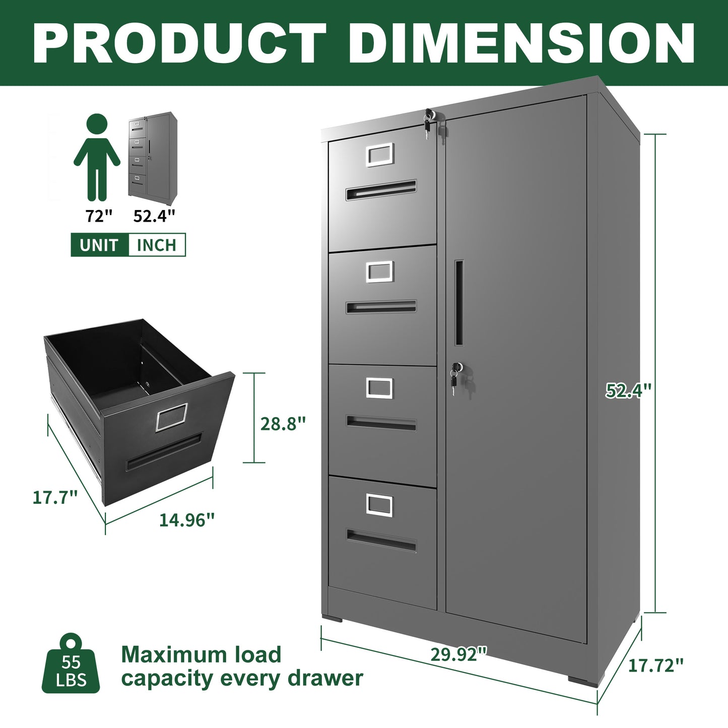VIYET Black Metal Vertical Filing Cabinet with Lock, 4 Drawers & 1 Door Steel Storage Locker for Office Home School Bedroom