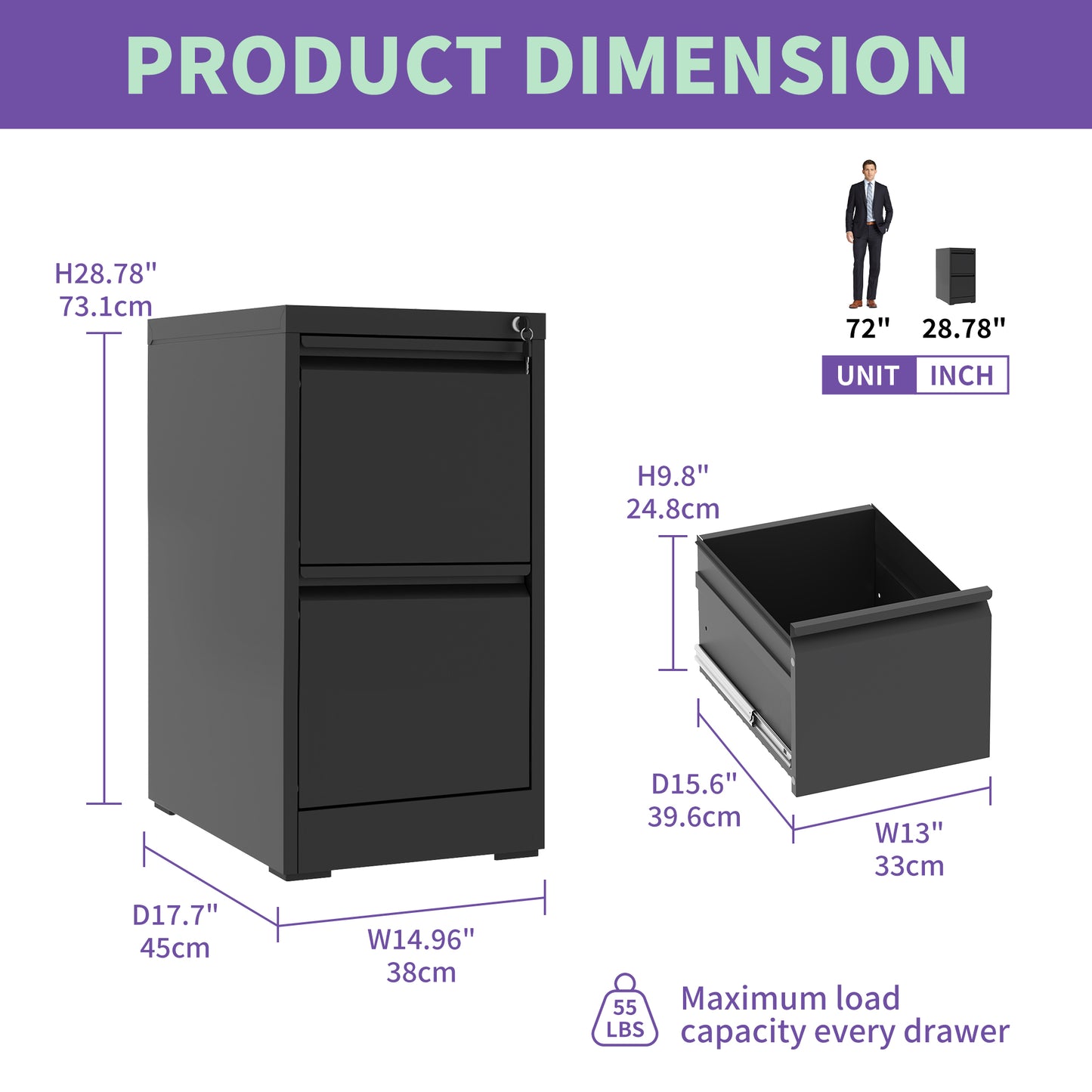 VIYET 28"H 2-Drawer Metal Vertical File Cabinet with Lock,Steel Filing Cabinet for Home Office, Fits A4/Legal/Letter Size