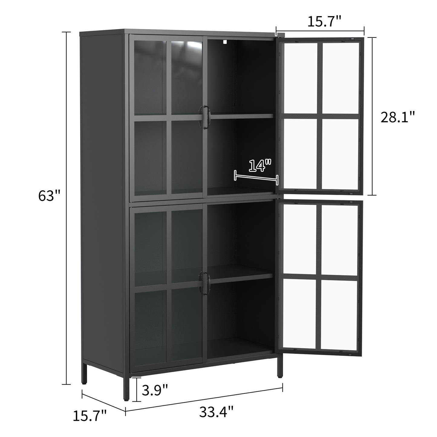 VIYET 63"H Premium Black Metal Storage Cabinet, Tempered Glass Doors + Adjustable Shelves, Anti-Tipping & Magnetic Silent Closure for Home/Office