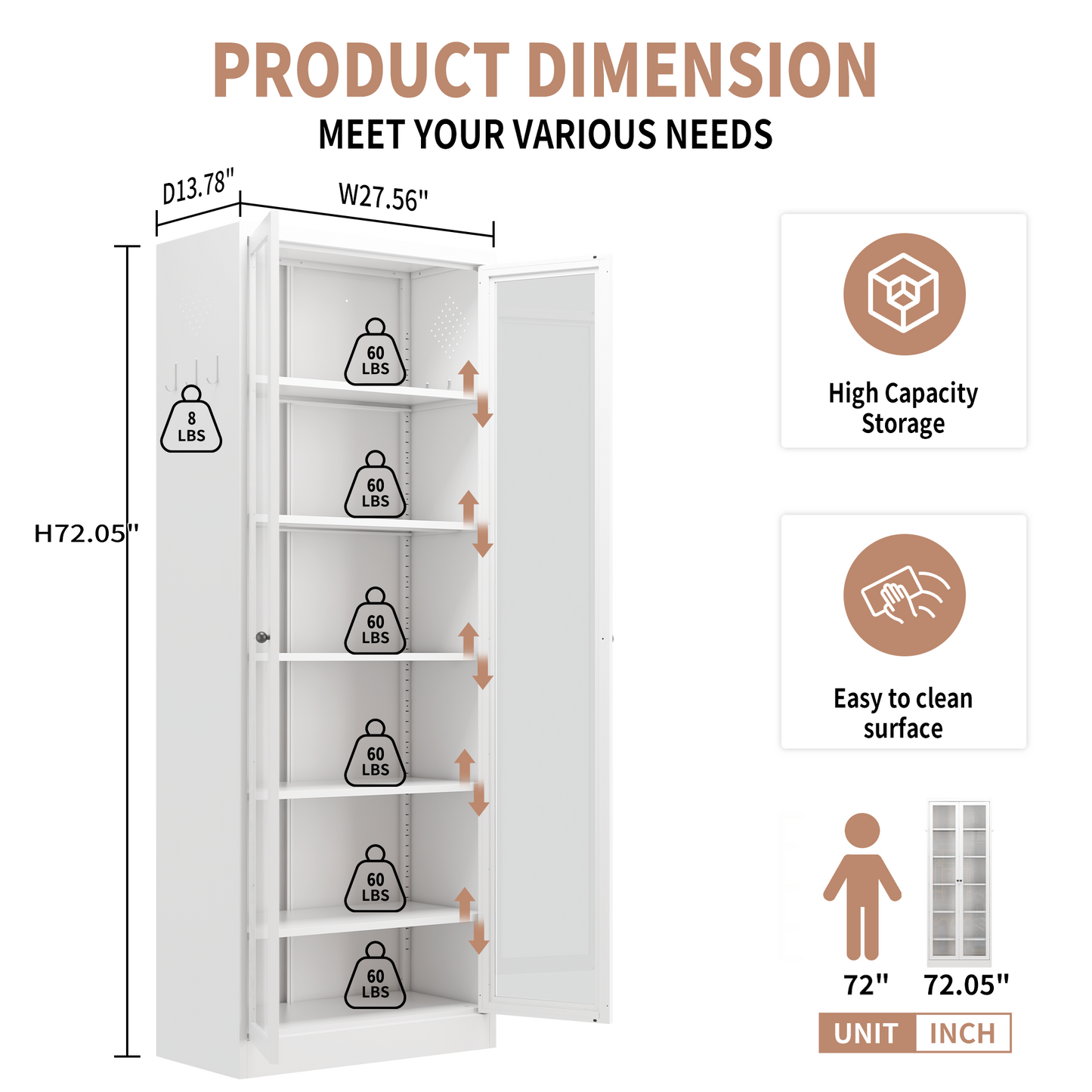 VIYET 72"H Heavy-Duty Metal Kitchen Pantry Cabinet,5 Adjustable Shelves+Glass Doors,80LBS/Shelf Freestanding for Kitchen/Pantry/Bathroom(White)