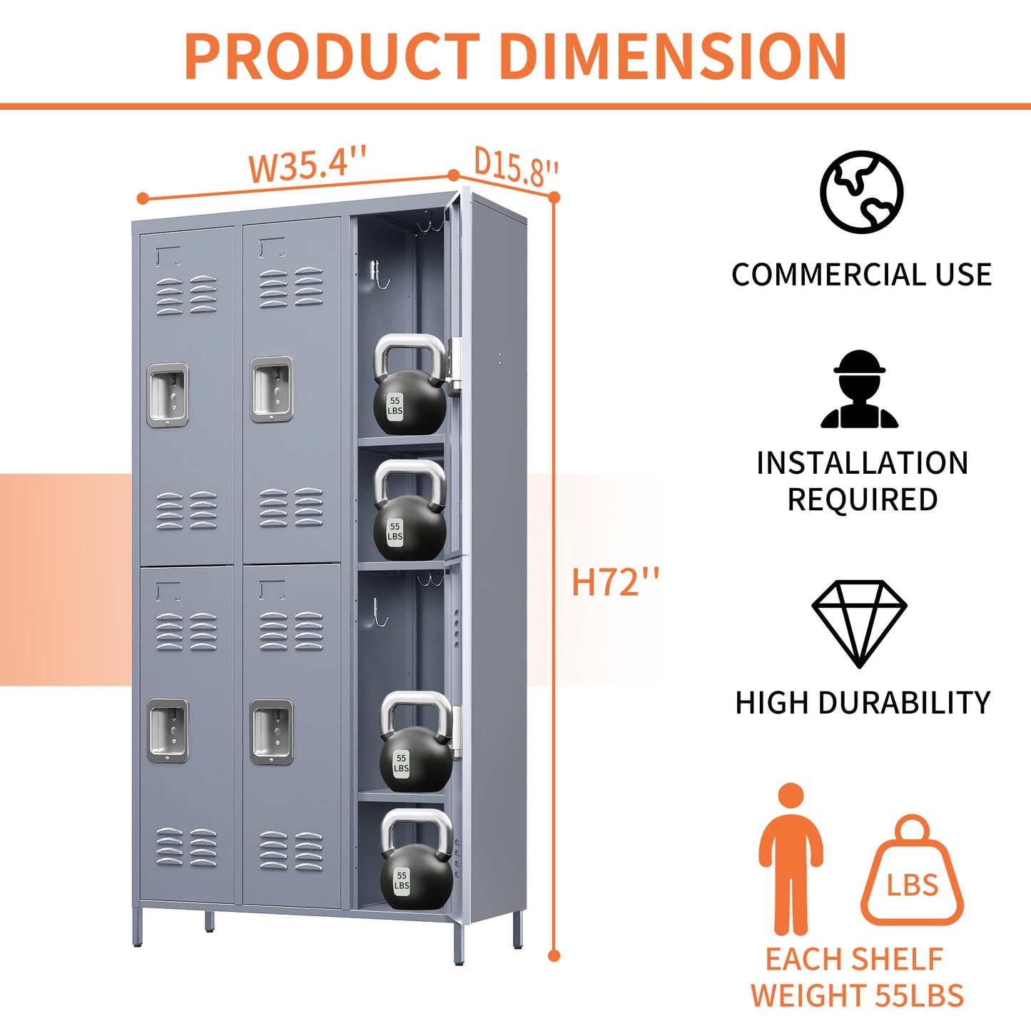VIYET 72"H 6-Door Metal Locker Cabinet, Gray Steel Storage w/ Independent Locks (for Employee/Gym/Office/School)