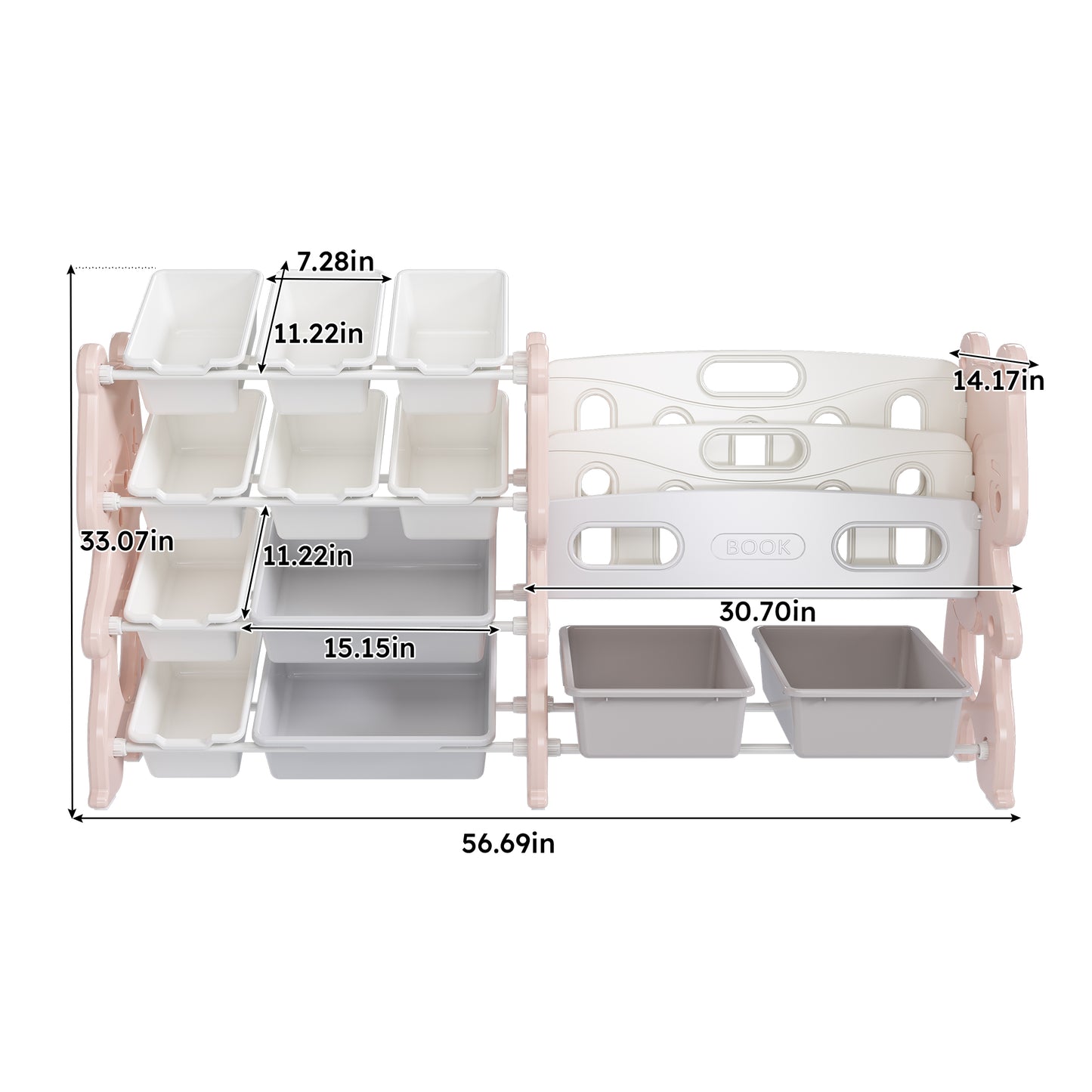 VIYET 34" Kids Toy Storage Organizer, Pink Polyethylene Unit w/ 2-Tier Bookshelf & 12 Toy Bins (Playroom/Bedroom Classroom Organizer)