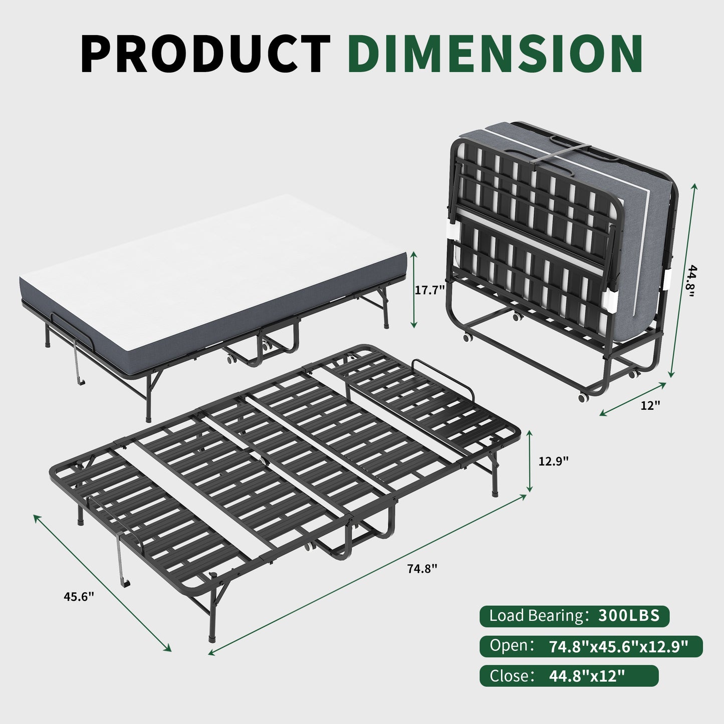 VIYET Folding Bed with Adjustable Headboard, 5" Memory Foam Mattress, 450LB Heavy Duty Rollaway Guest Bed with Wheels for Adults