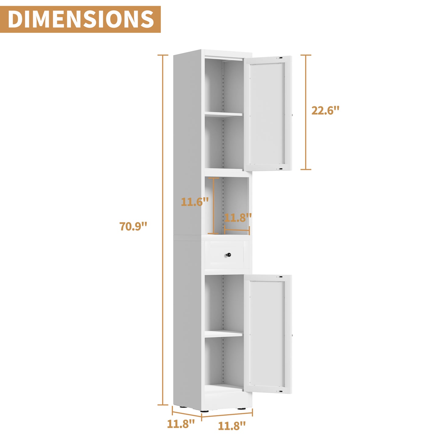 VIYET 71" Tall Bathroom Storage Cabinet, Narrow Metal Linen Cabinet with 2 Doors, Adjustable Shelves, Freestanding Storage Organizer