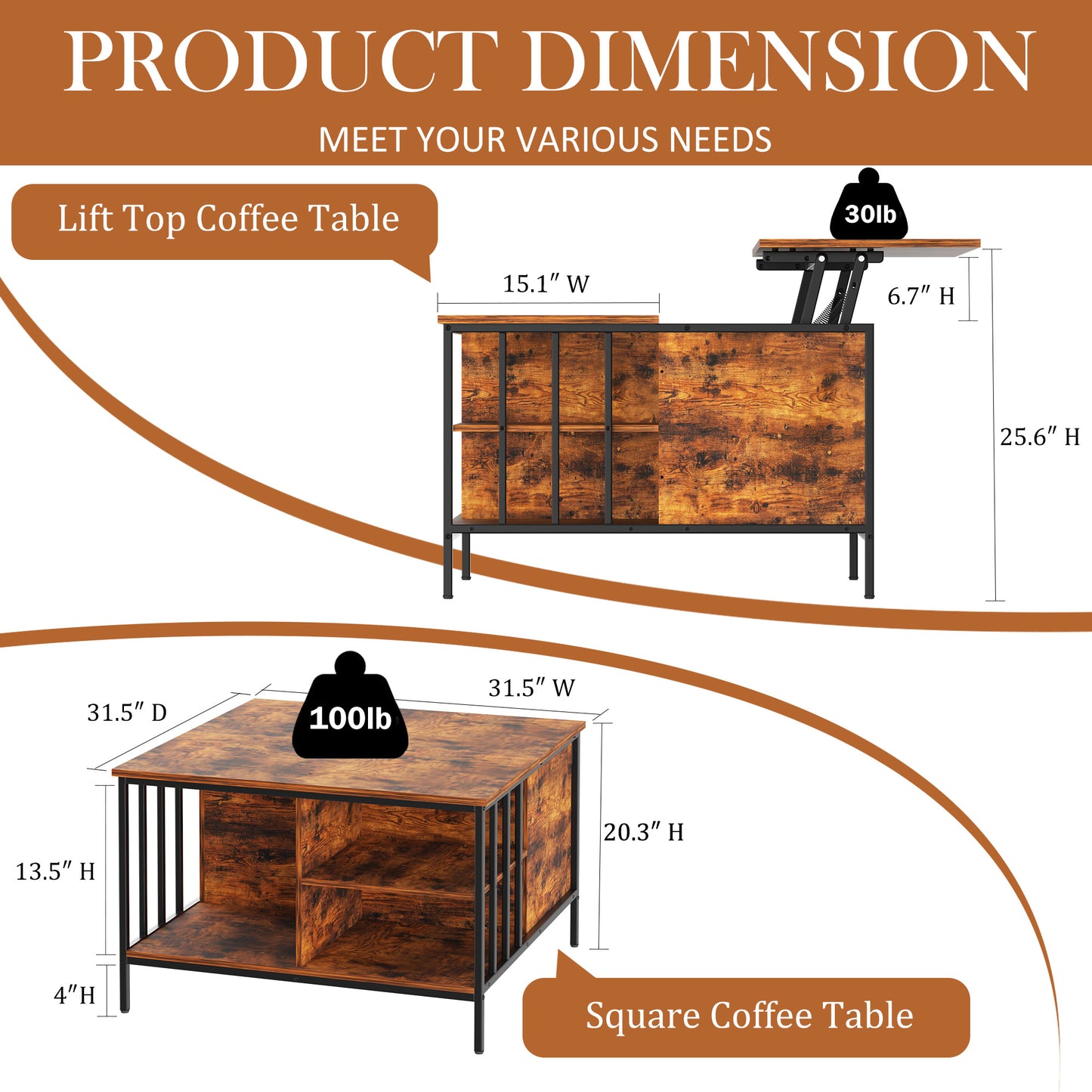 VIYET 32"H Farmhouse Lift Top Coffee Table,Adjustable Height(20.3"-25.6")with Hidden Compartment&3 Shelves,110LBS Capacity for Living Room(Black+Brown)