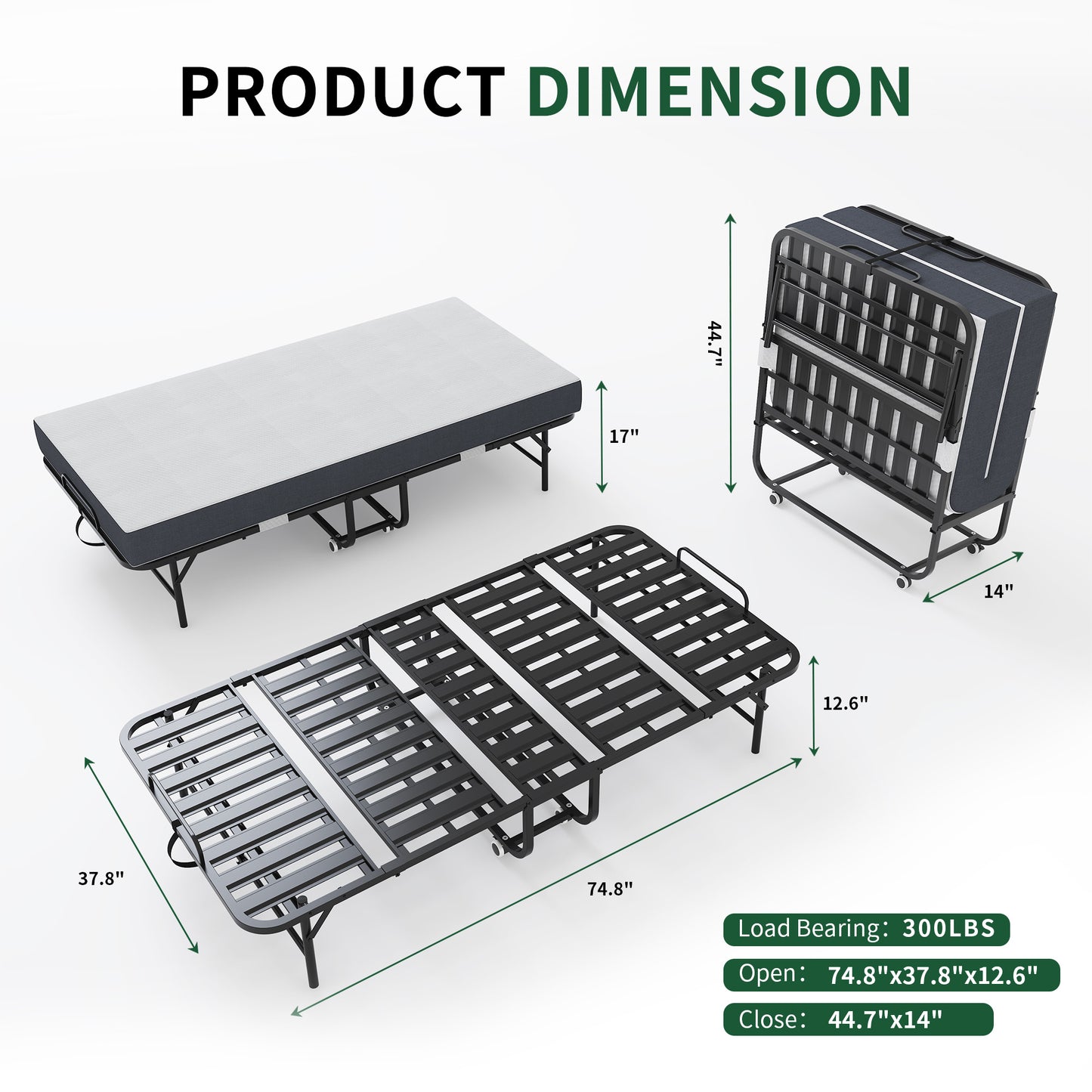 VIYET 12.60''H Extra Long Folding Bed for Tall People, 450LBS Heavy Duty Rollaway Guest Bed with 5" Memory Foam Mattress, Portable Twin Size Bed
