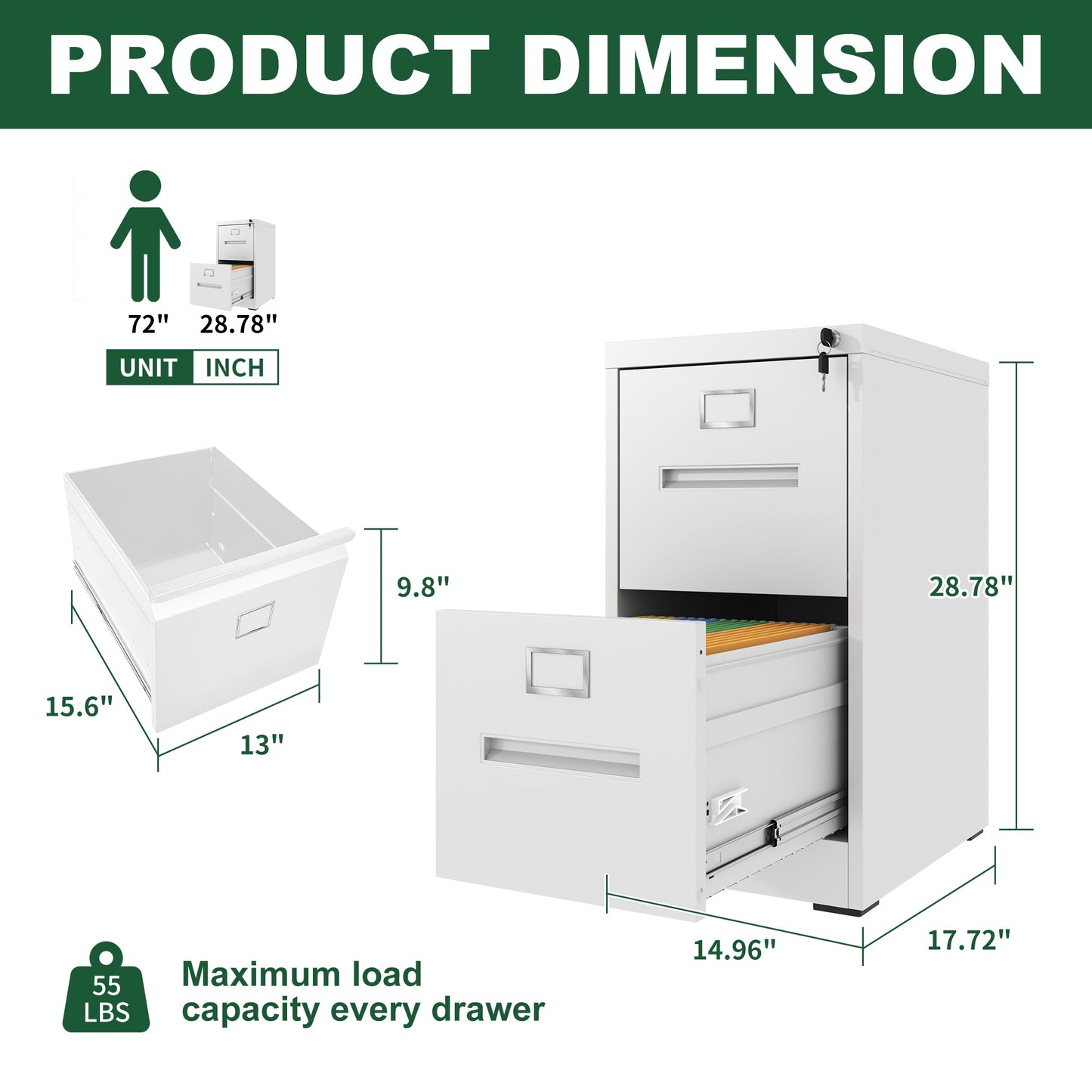 VIYET 28"H 2-Drawer White Narrow Metal Vertical File Cabinet with Lock, Steel Filing Cabinet for Home Office(Assembly Required)