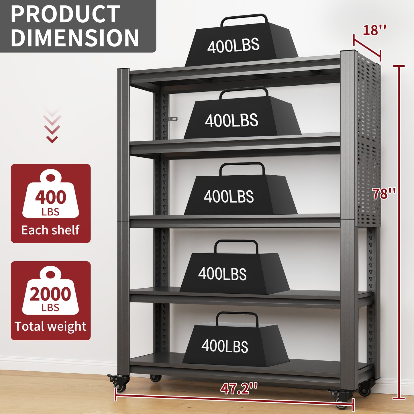 VIYET 78" Rolling Metal Garage Shelving with Pegboard, 5 Tier Adjustable Storage Rack, Heavy Duty Utility Shelf with Locking Wheels, Black