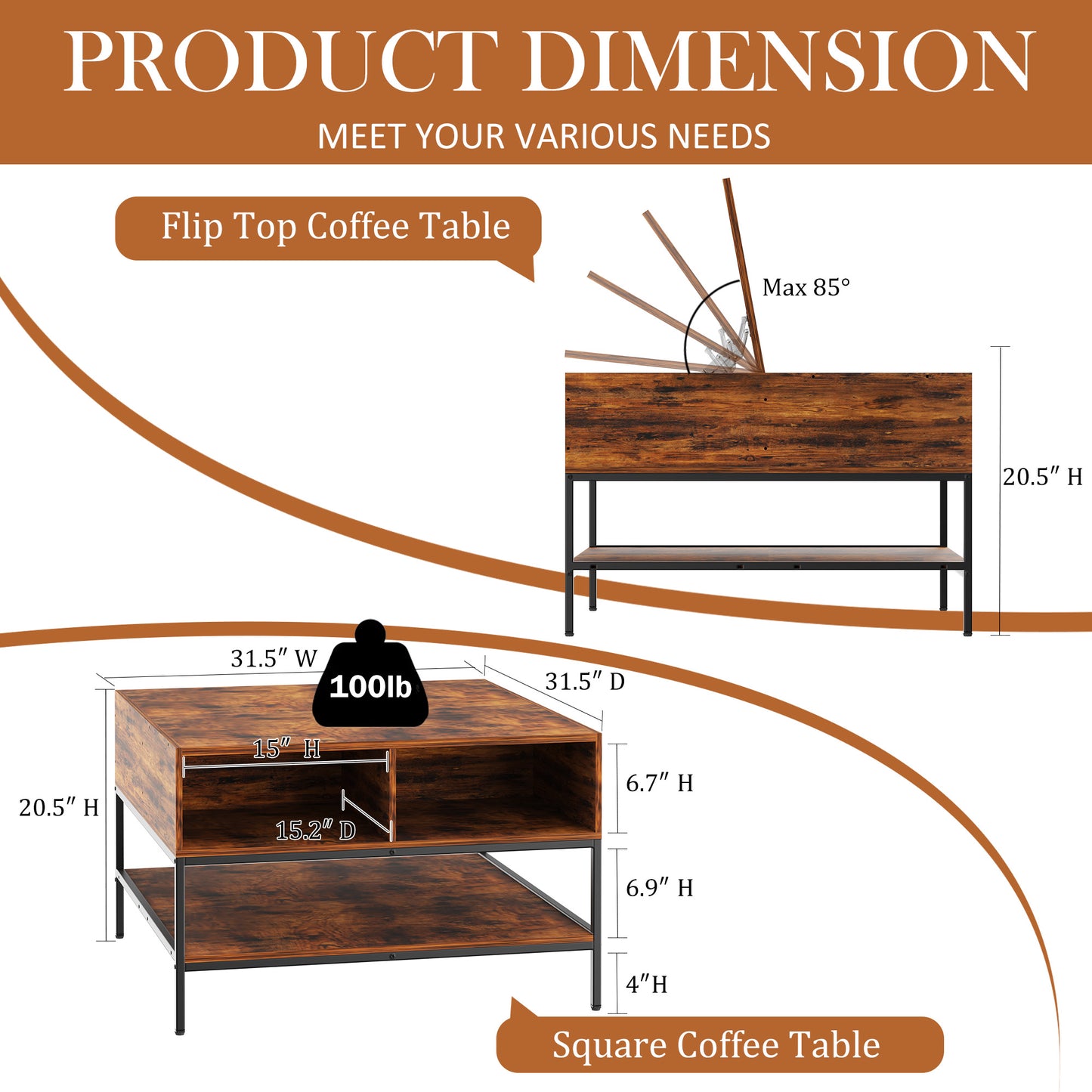 VIYET 32"H Farmhouse Flip Top Coffee Table with Storage, Rustic Wood Grain + Metal Frame, Hidden Compartment & Open Shelves for Living Room, Easy to Assemble & Clean (Black+Brown)