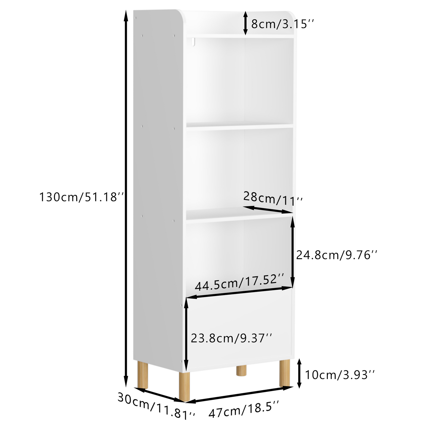 VIYET 51" Kids 4-Tier Bookcase, White MDF+Pine Legs Storage Organizer w/ Anti-Tipping Device (Nursery/Playroom Display Rack)