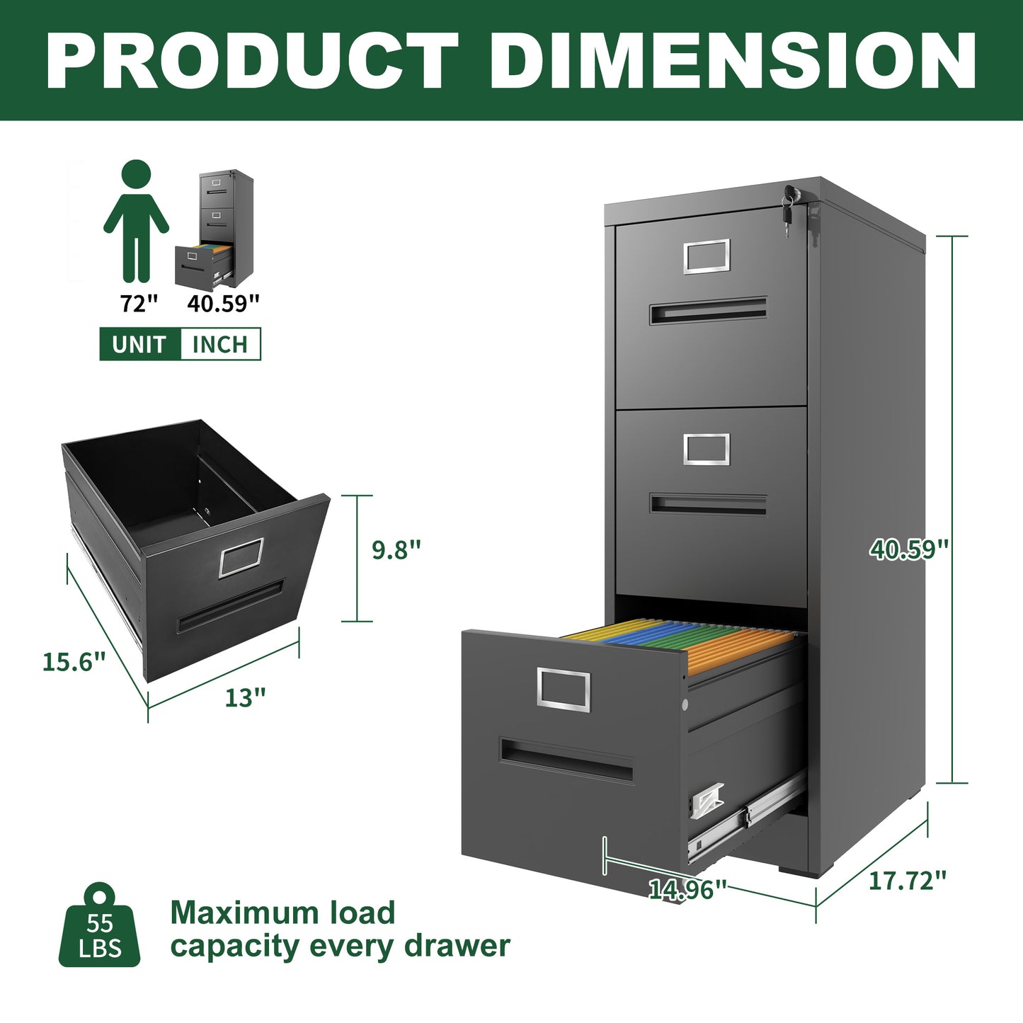 VIYET 40"H 3-Drawer Narrow Metal Vertical File Cabinet with Lock, Fits A4/Letter/Legal, Home Office Filing Steel Cabinet