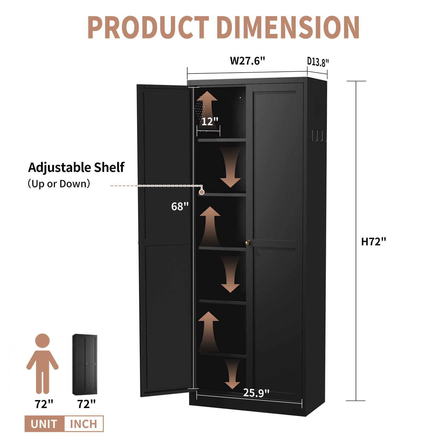 VIYET 72" Black Metal Kitchen Pantry Cabinet with Doors, 5 Adjustable Shelves, Heavy-Duty Tool-Free Freestanding Organizer
