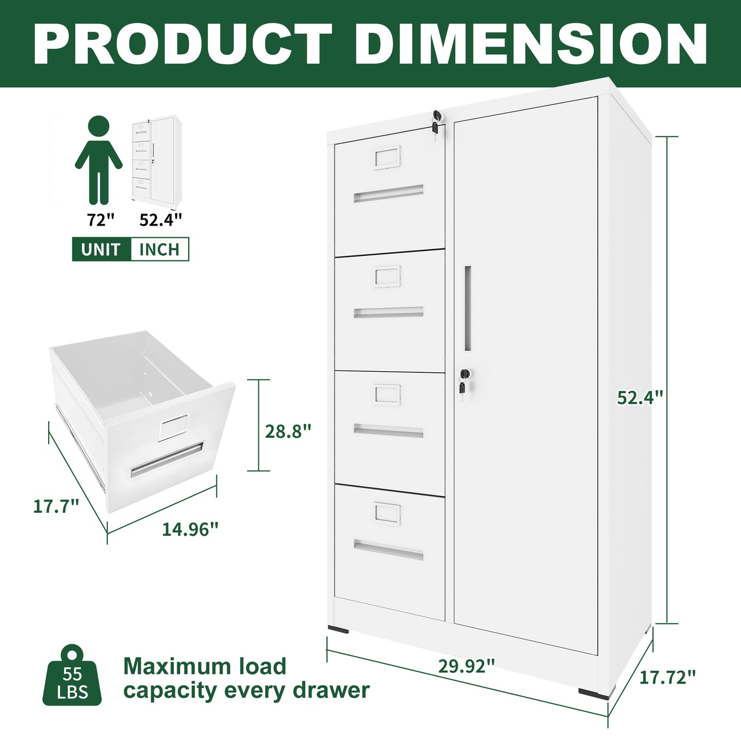 VIYET 4-Drawer Locking Metal File Cabinet, Vertical Filing Cabinet for Home Office Storage, White Steel Office Cabinet