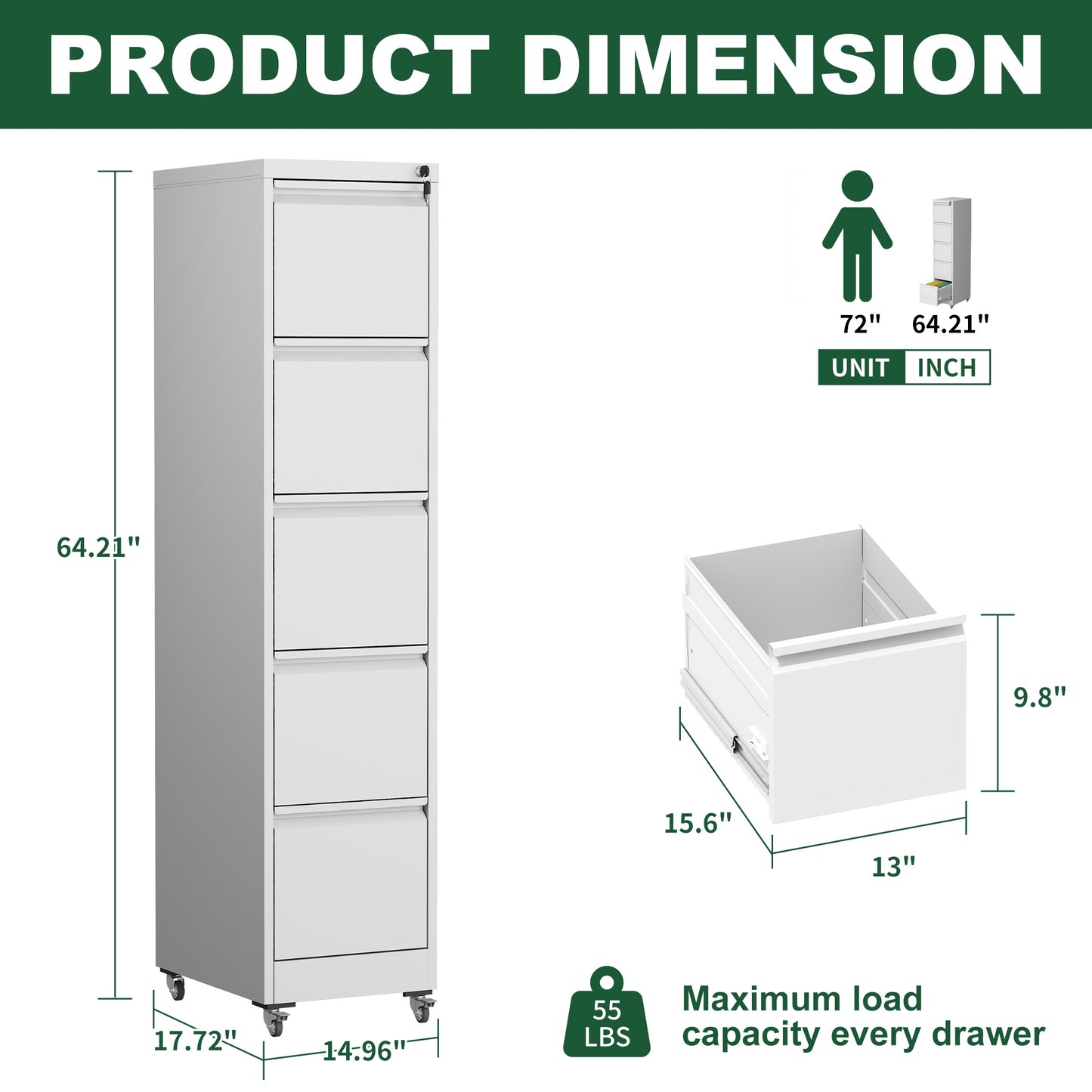 VIYET 64"H 5-Drawer White Metal Vertical File Cabinet with Lock&Wheels, Heavy-Duty Storage for Home Office, Fits A4/Letter/Legal (Assembly Required)