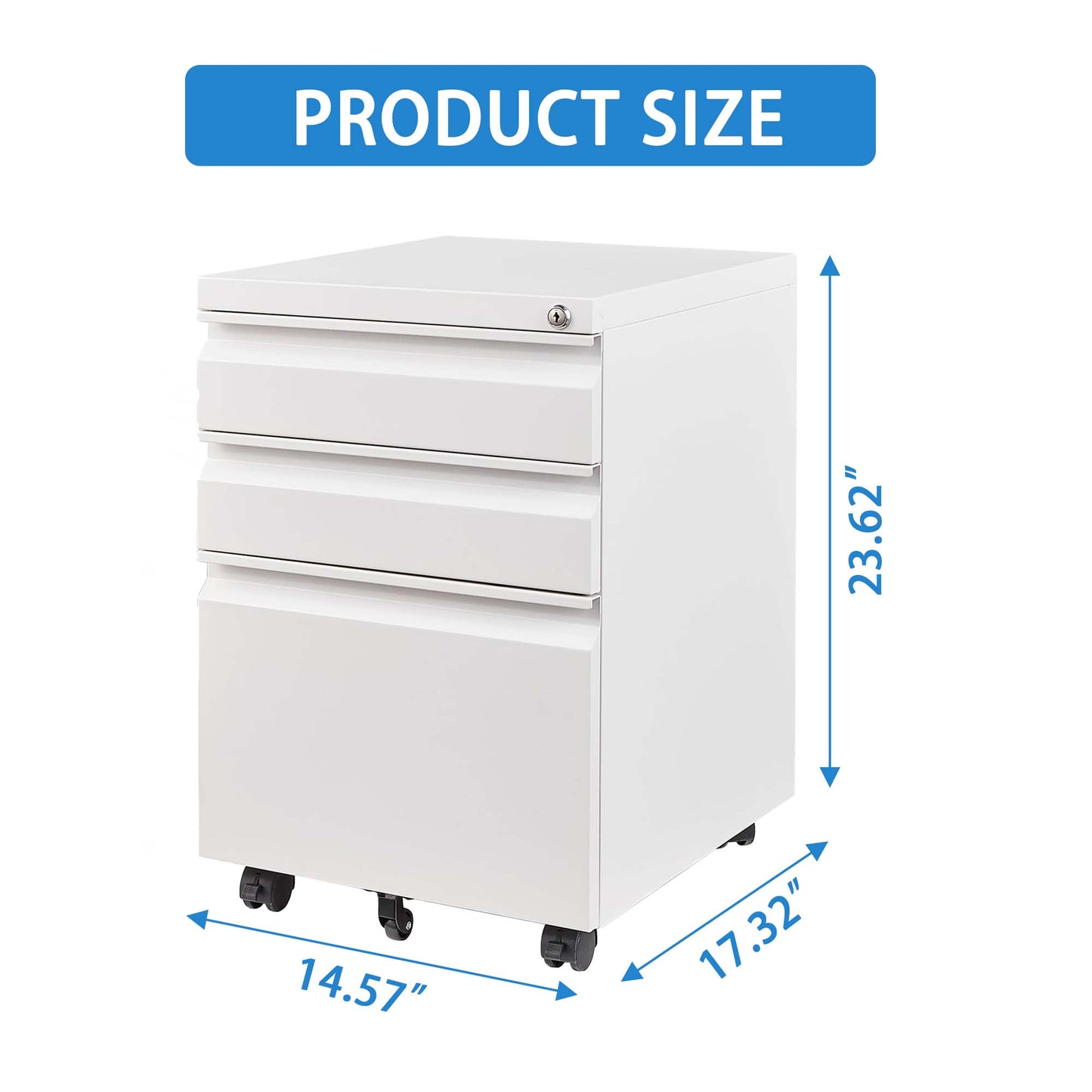 VIYET 3-Drawer Mobile File Cabinet with Lock, Rolling Metal Filing Cabinet for Home Office, Fits Letter, Legal & A4 Files, White