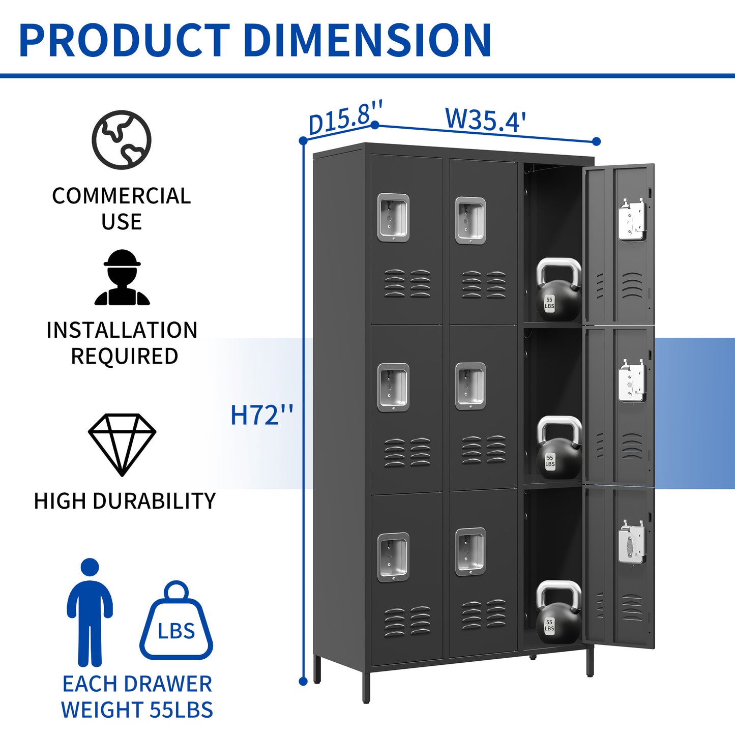 VIYET 72" 9 Door Metal Storage Locker Cabinet with Locks, Freestanding Steel Employee Locker for School, Office, Gym & Garage, Black