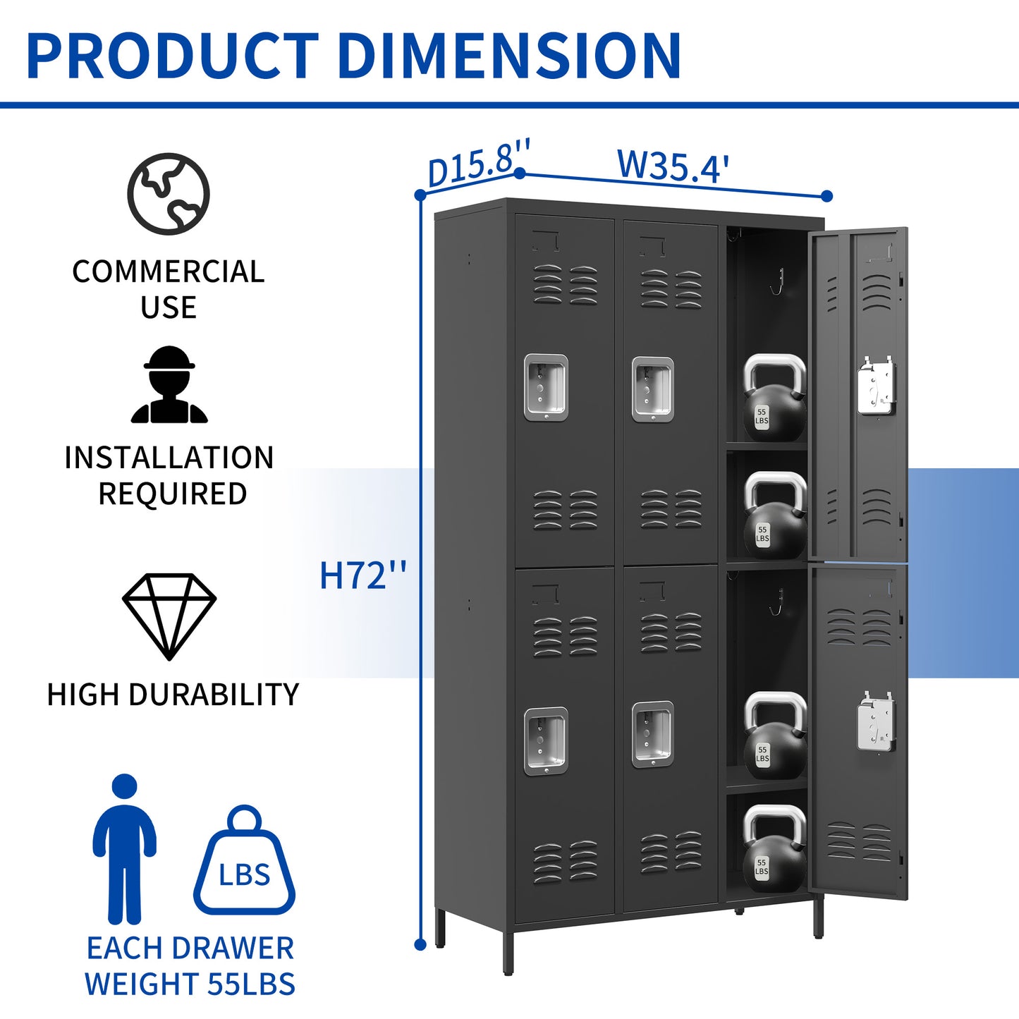 VIYET 72" 6 Door Metal Storage Locker Cabinet with Locks, Freestanding Employee Locker for Office, School, Gym, Garage & Home, Black