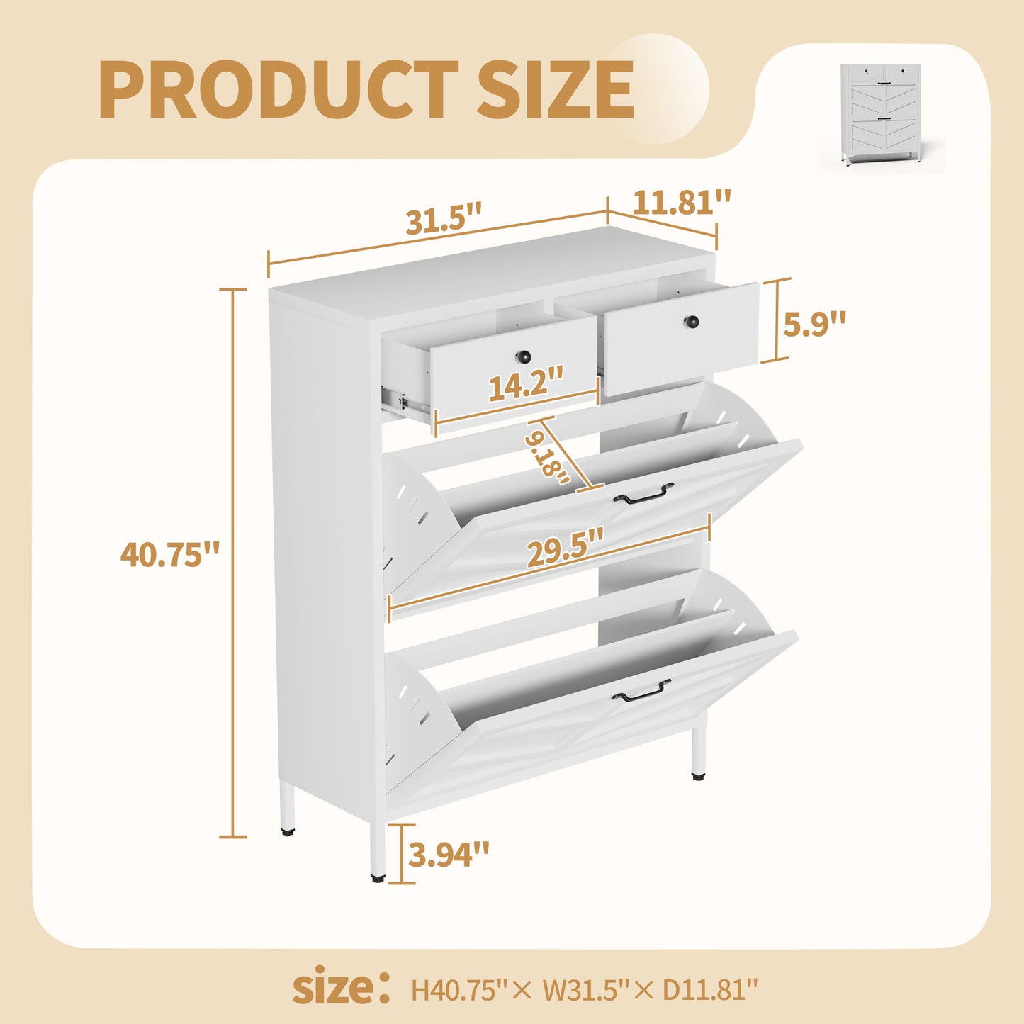 VIYET Slim Metal Shoe Cabinet with 2 Flip Drawers & 2 Top Drawers, Narrow Entryway Storage Organizer, Freestanding Hallway Shoe Rack, White