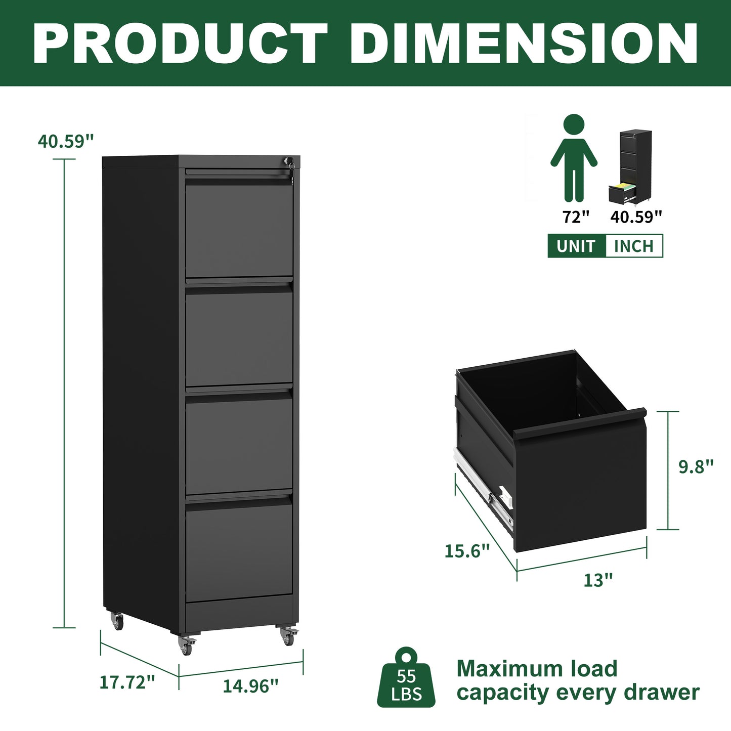 VIYET 52"H 4-Drawer Locking Vertical File Cabinet on Wheels, Black Heavy-Duty Metal Cabinet for Home/Office, Fits Legal/Letter