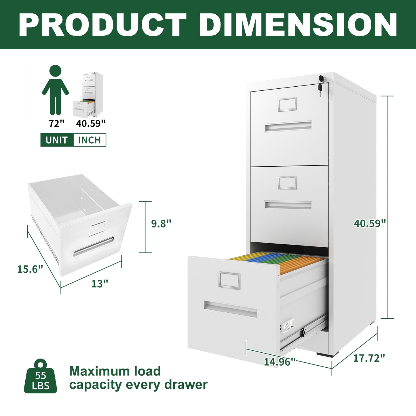 VIYET 40"H 3-Drawer Narrow Metal Vertical File Cabinet with Lock, Fits A4/Letter/Legal, Home Office Filing Steel Cabinet
