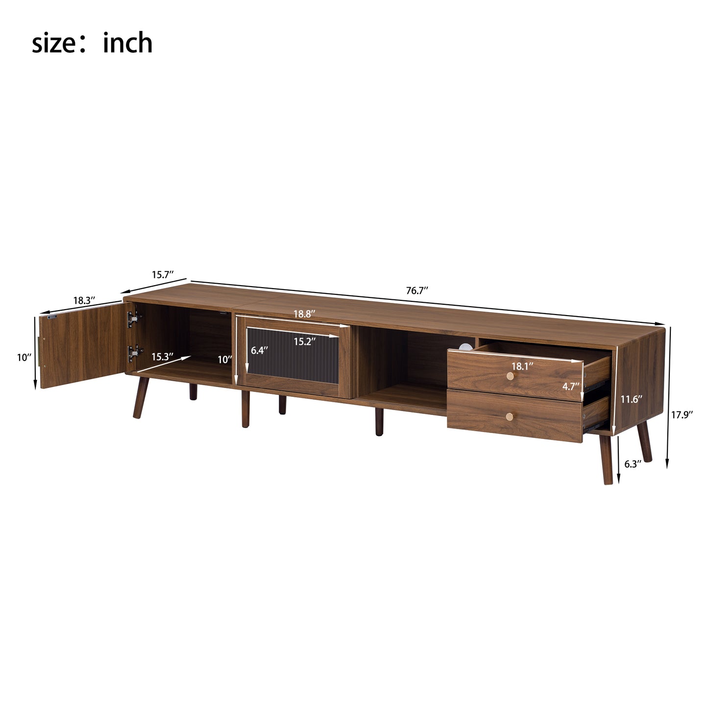 VIYET 77"Modern Minimal TV Stand, Wood-Grain Glass-Door Media Console (for TVs up to 85"), Solid Wood+MDF Storage Cabinet