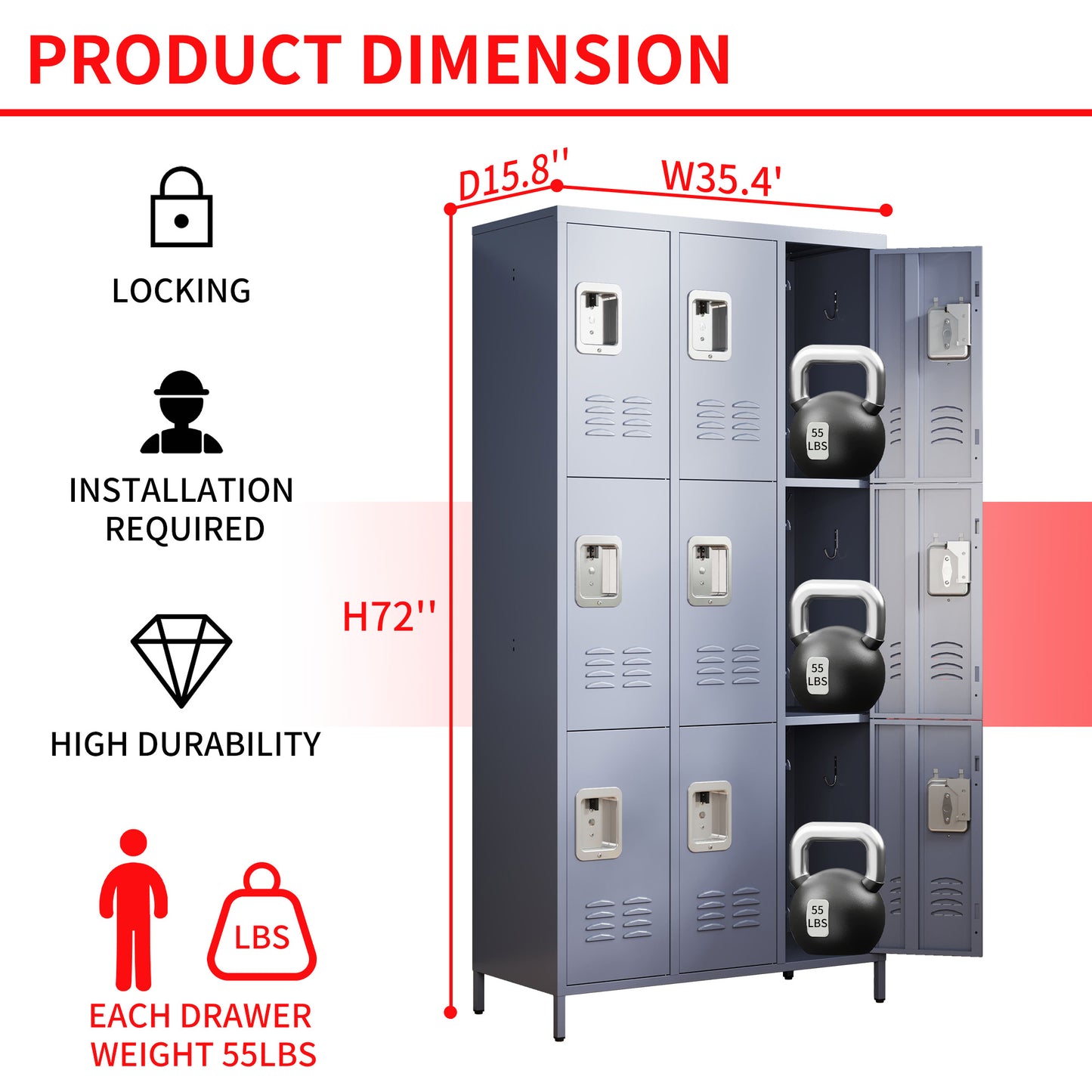 VIYET 72" Metal Storage Locker, 9 Door Lockable Employee Locker Cabinet, Freestanding Steel Locker for School, Office, Gym & Garage, Gray