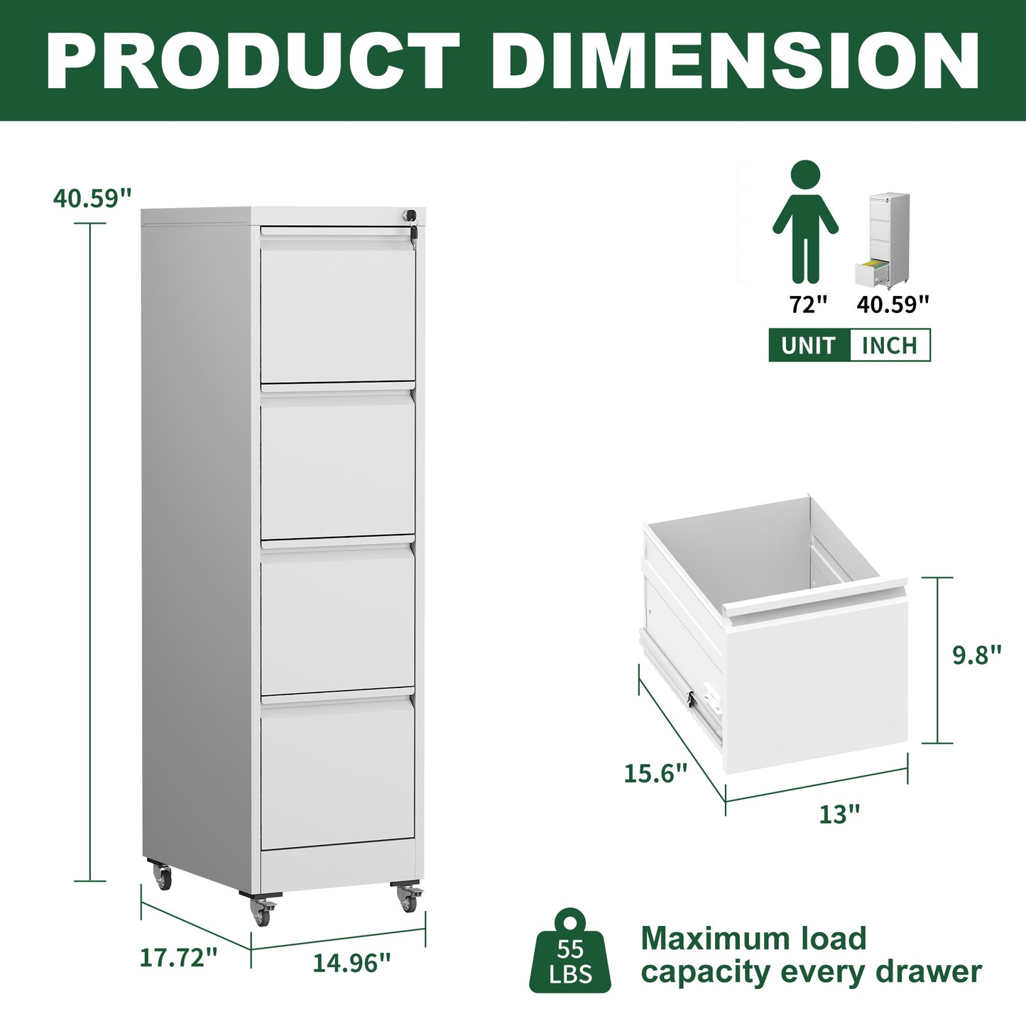 VIYET 4-Drawer Rolling Metal File Cabinet with Lock, Vertical Filing Cabinet on Wheels, Fits Letter & Legal Files, White
