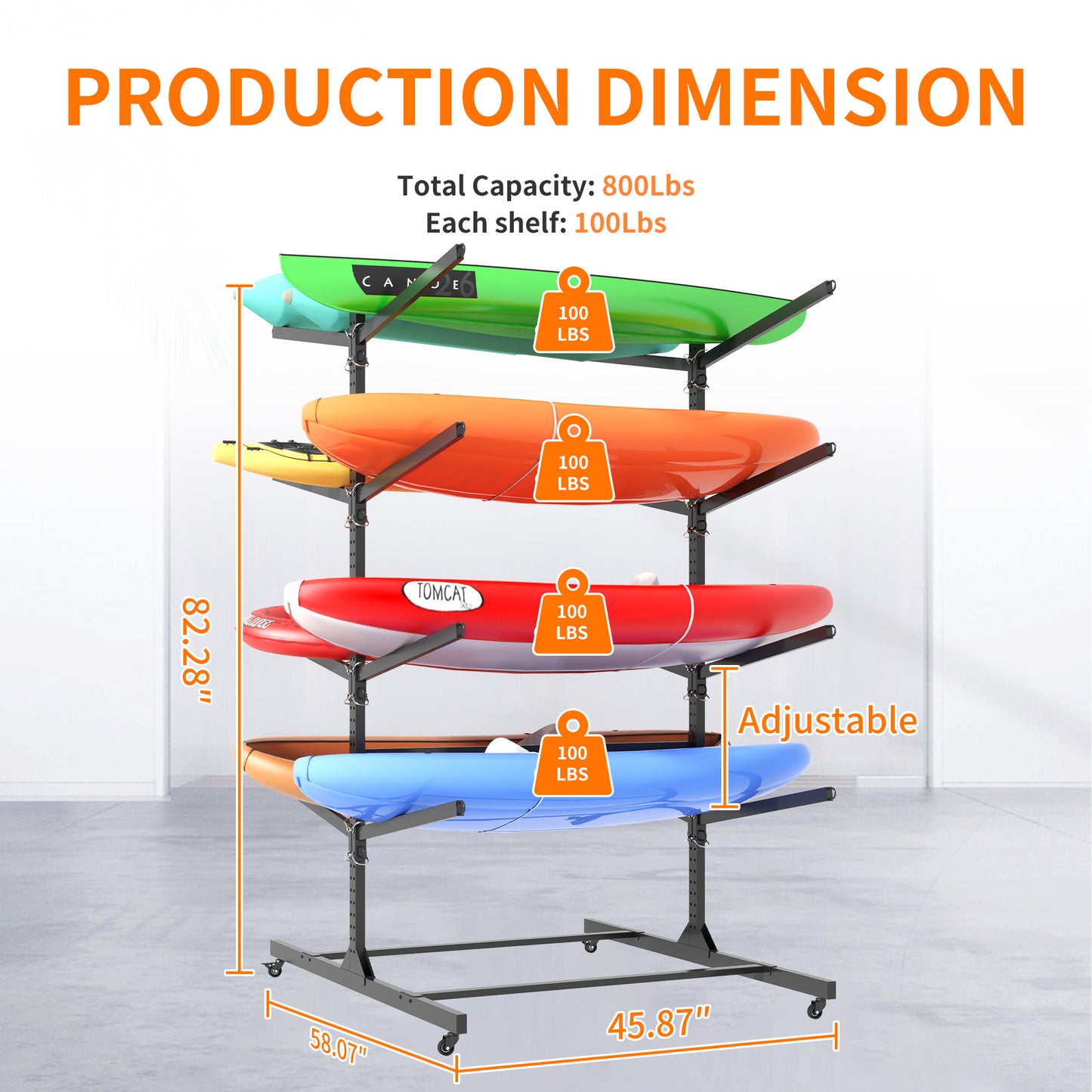 VIYET 80"H 8-Kayak Heavy-Duty Freestanding Storage Rack,Adjustable Metal Stand with Wheels,800LBS Capacity for Garage/Indoor/Outdoor(Black)