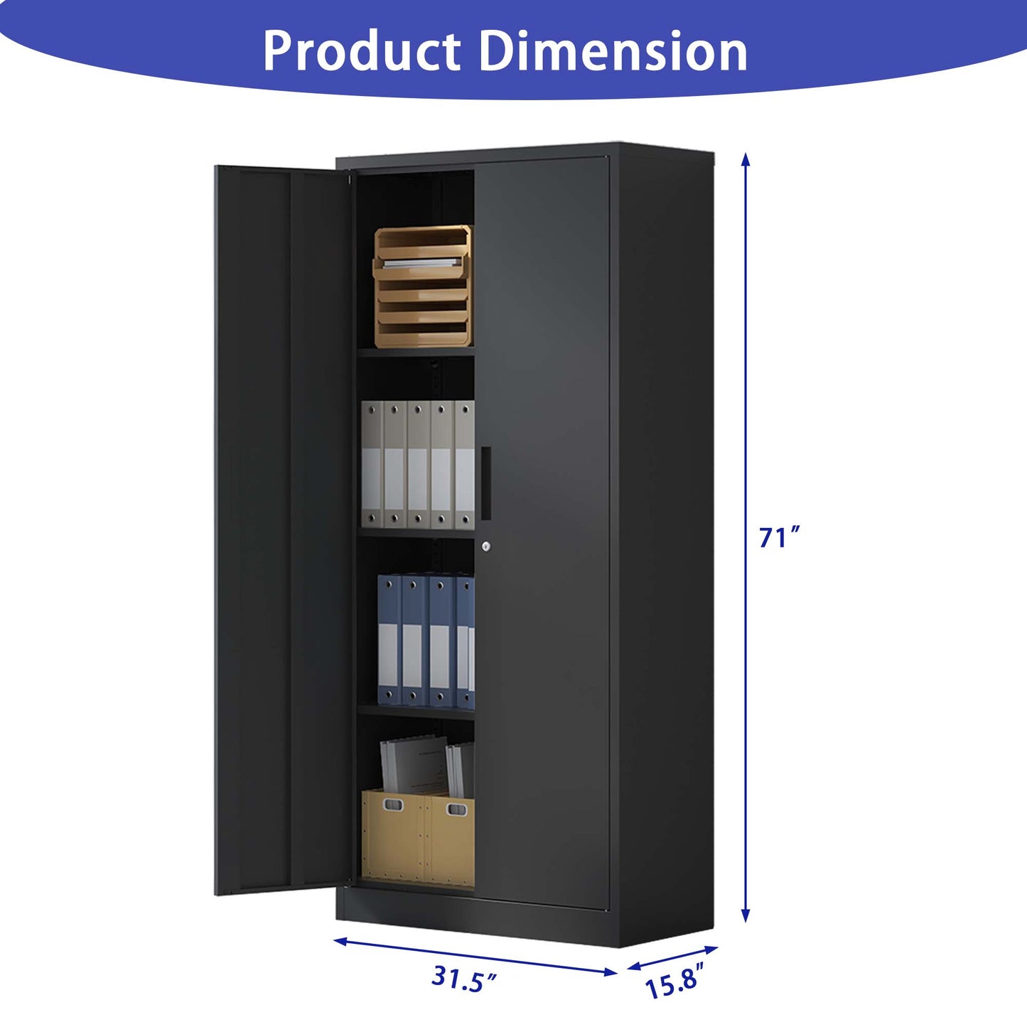 VIYET 71" Metal Garage Storage Cabinet with Lock and 3 Adjustable Shelves, Black Heavy-Duty Lockable Cabinet for Home, Office & Garage