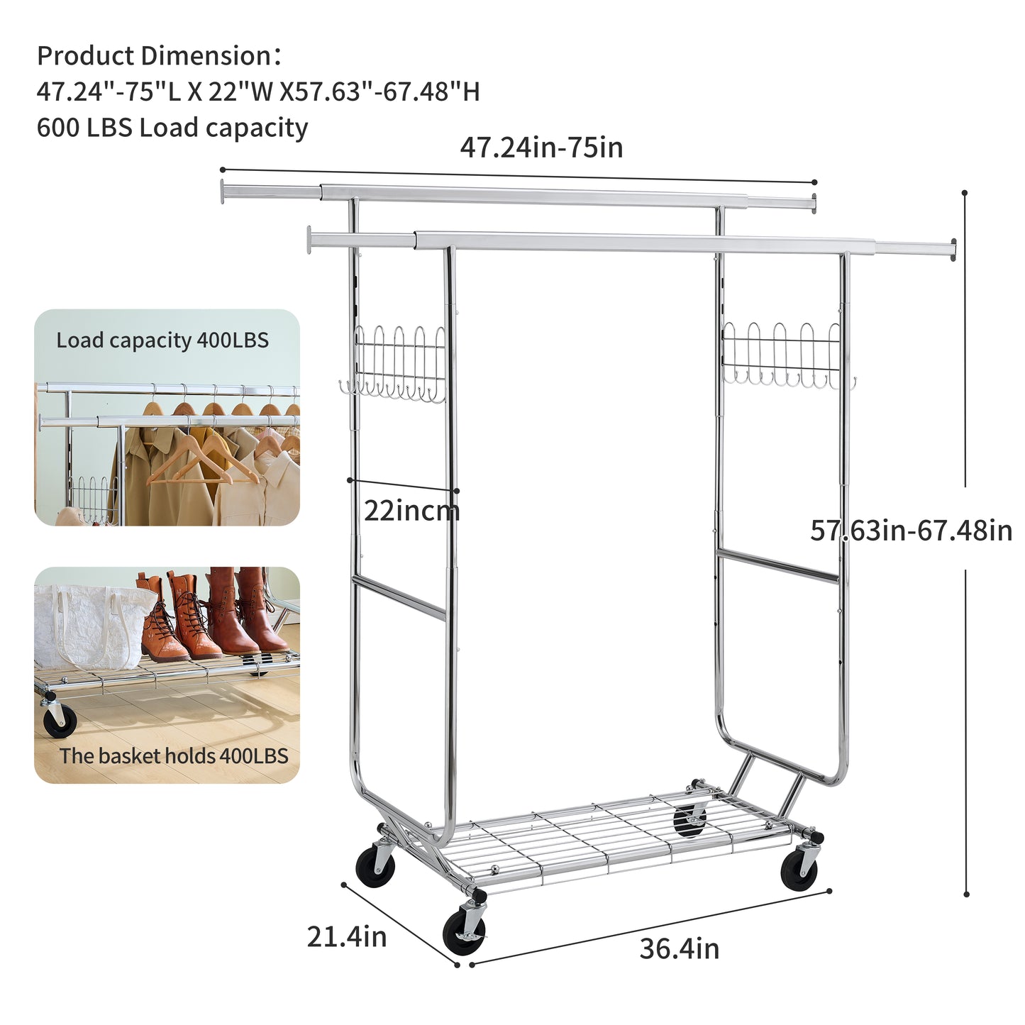 VIYET 68" 800LBS Double Garment Rack with Shelves, Heavy-Duty Iron Rolling Clothes Rack (Collapsible Commercial Portable Hanger)