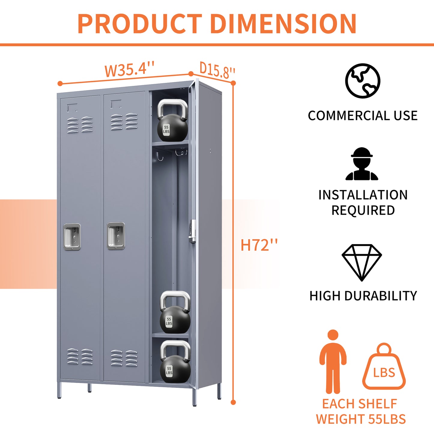 VIYET 72" 3-Door Metal Locker Cabinet, Gray Steel Storage w/ Independent Locks (Employee/Gym/Office/School Organizer)