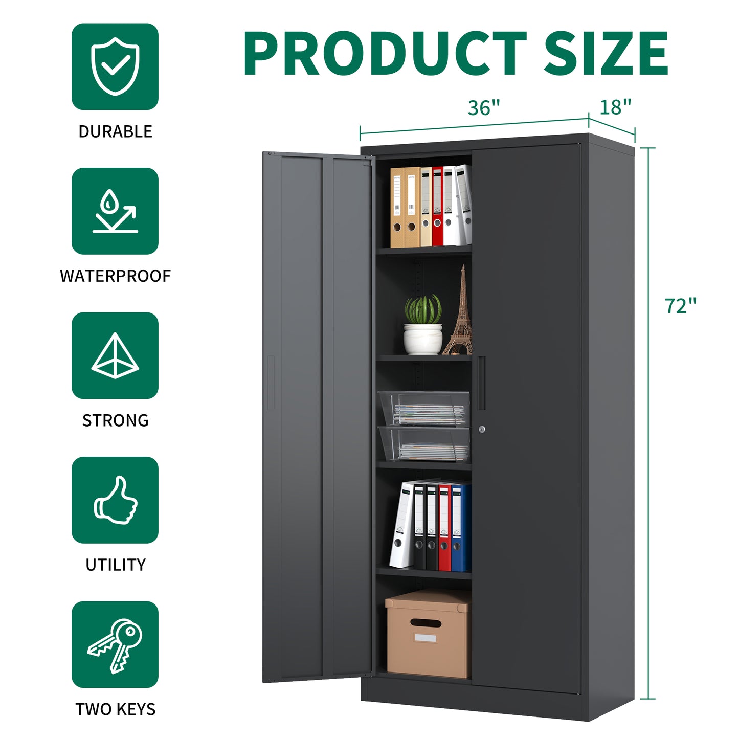 VIYET 72"H Metal Garage Storage Cabinet, Black Lockable Steel Cabinet with 4 Adjustable Shelves & Doors for Home Office Pantry Classroom