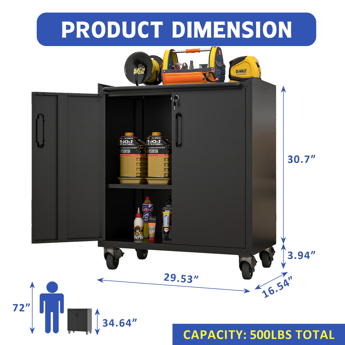 VIYET 31"H Heavy-Duty Mobile Steel Cabinet,Lockable (2 Keys)+Adjustable Shelf,360° Silent Casters, DIY Worktop, Garage/Home/Office/Kitchen